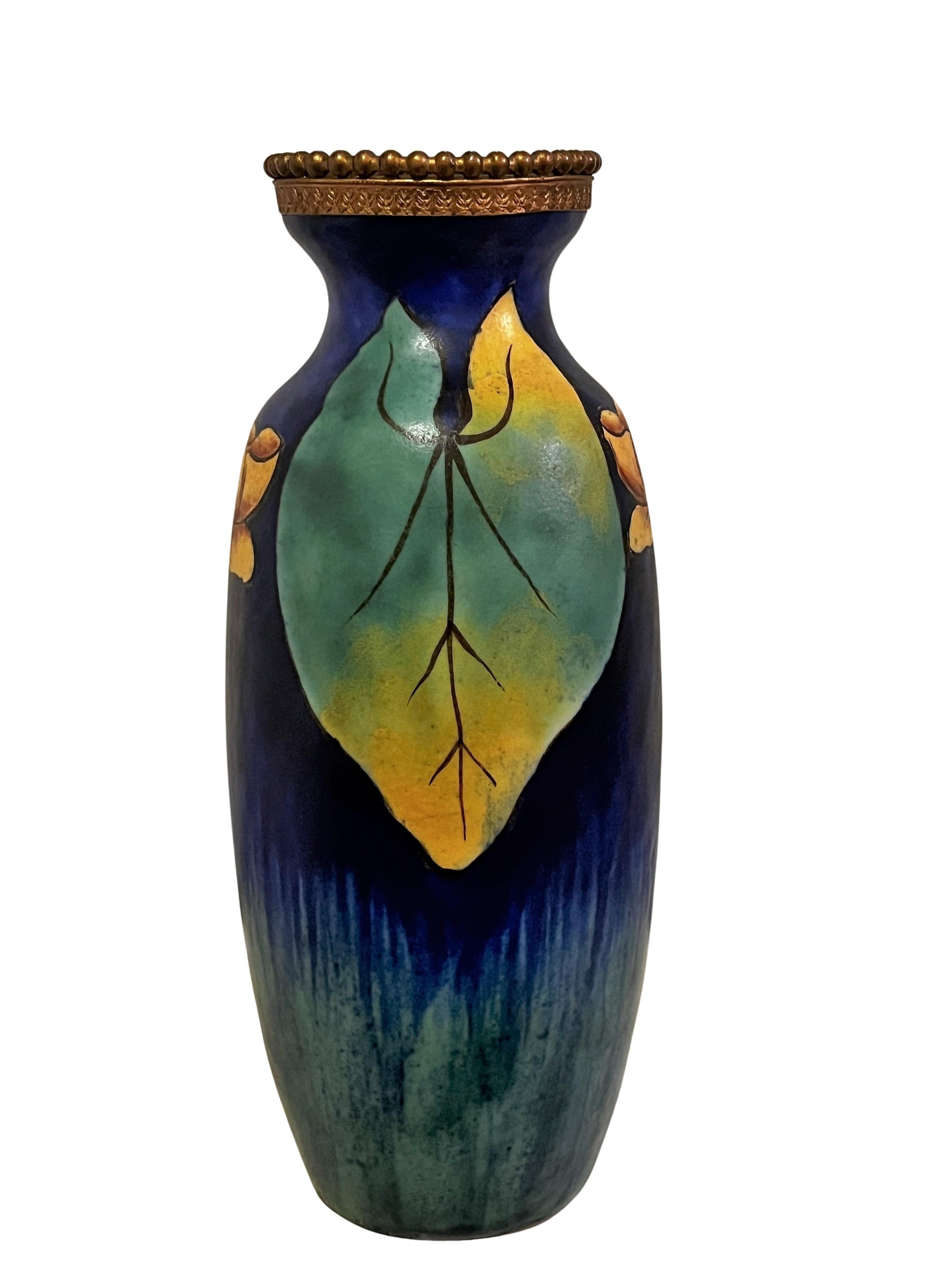 French Stunning floral Art Deco vase, 1930, ceramic, Louis Dage, signed, Paris France