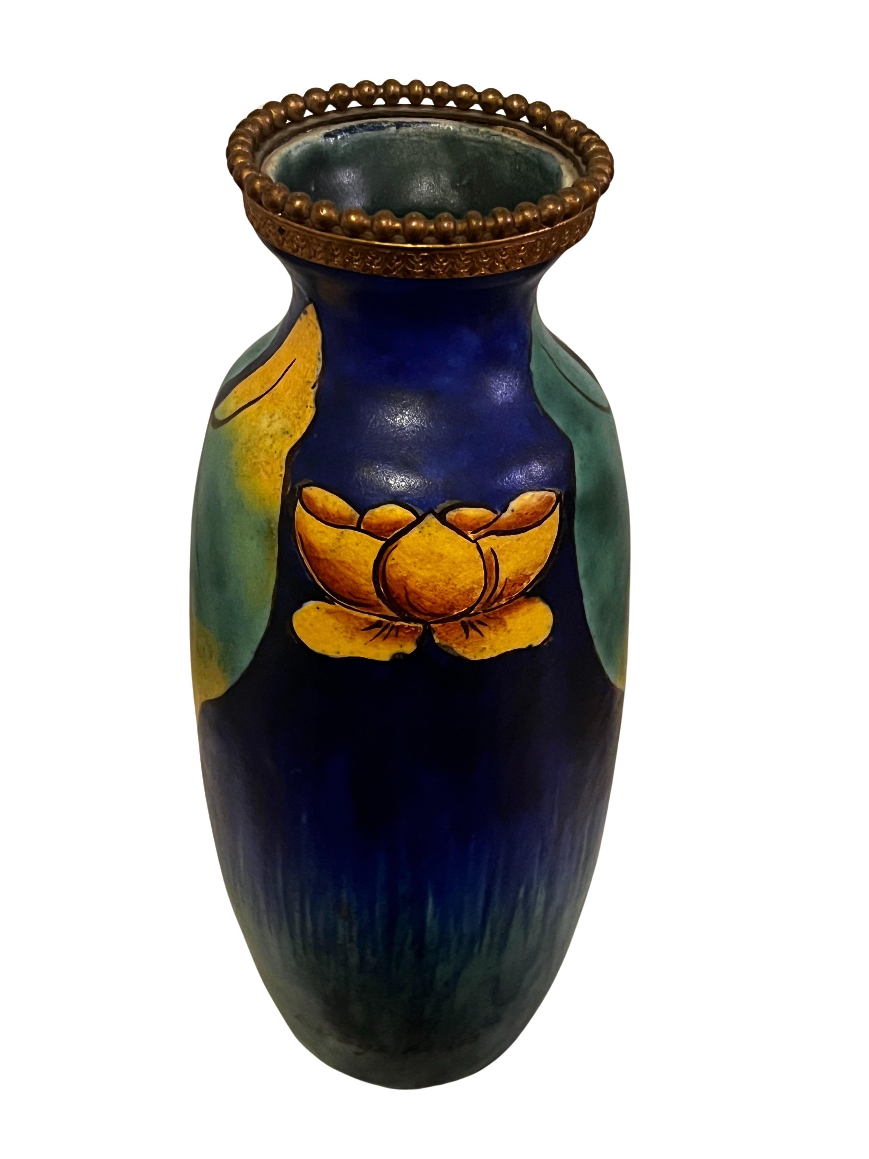 Hand-Painted Stunning floral Art Deco vase, 1930, ceramic, Louis Dage, signed, Paris France