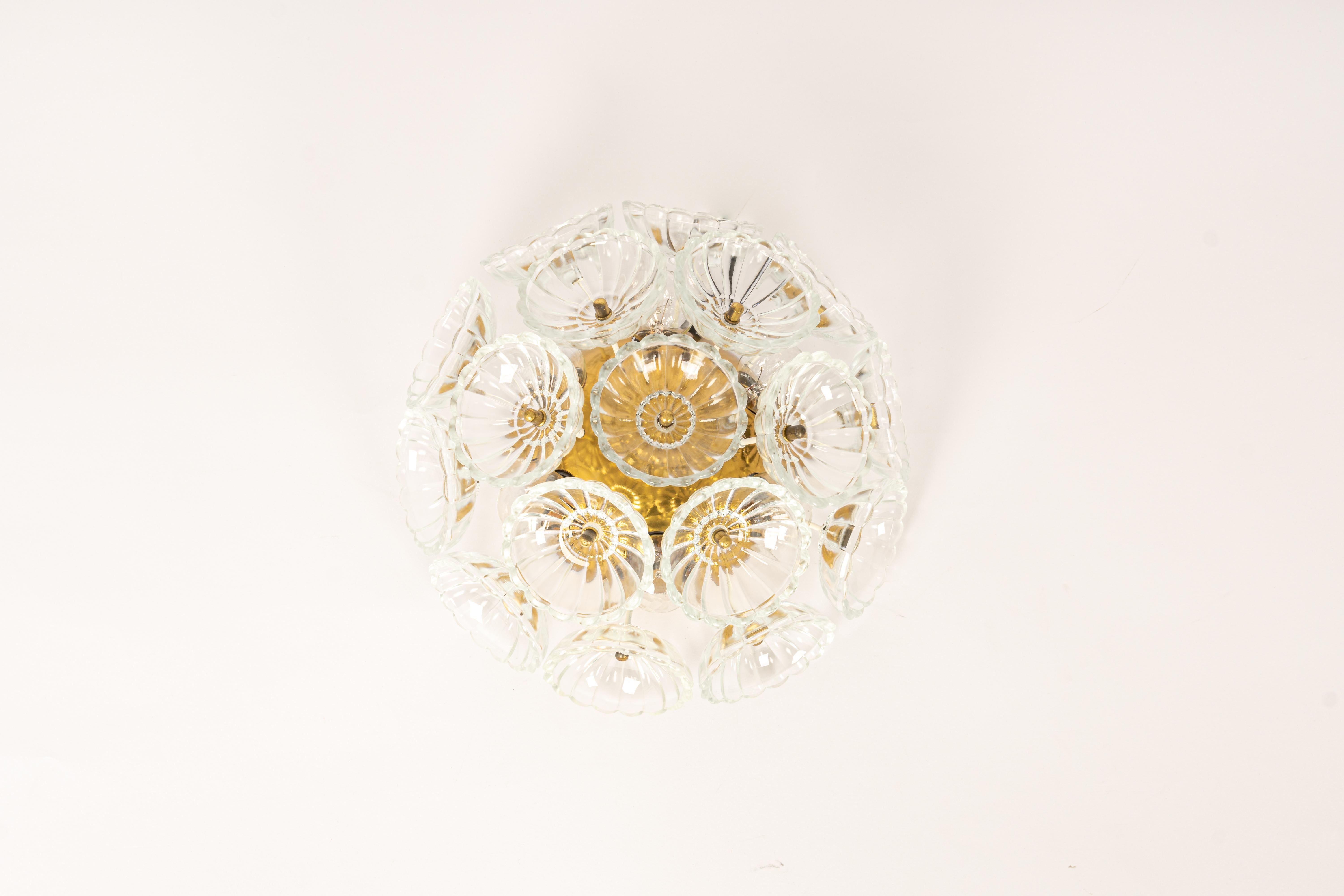 Mid-20th Century Stunning Floral Glass and Brass Sputnik Flush Mount, Germany, 1960s For Sale