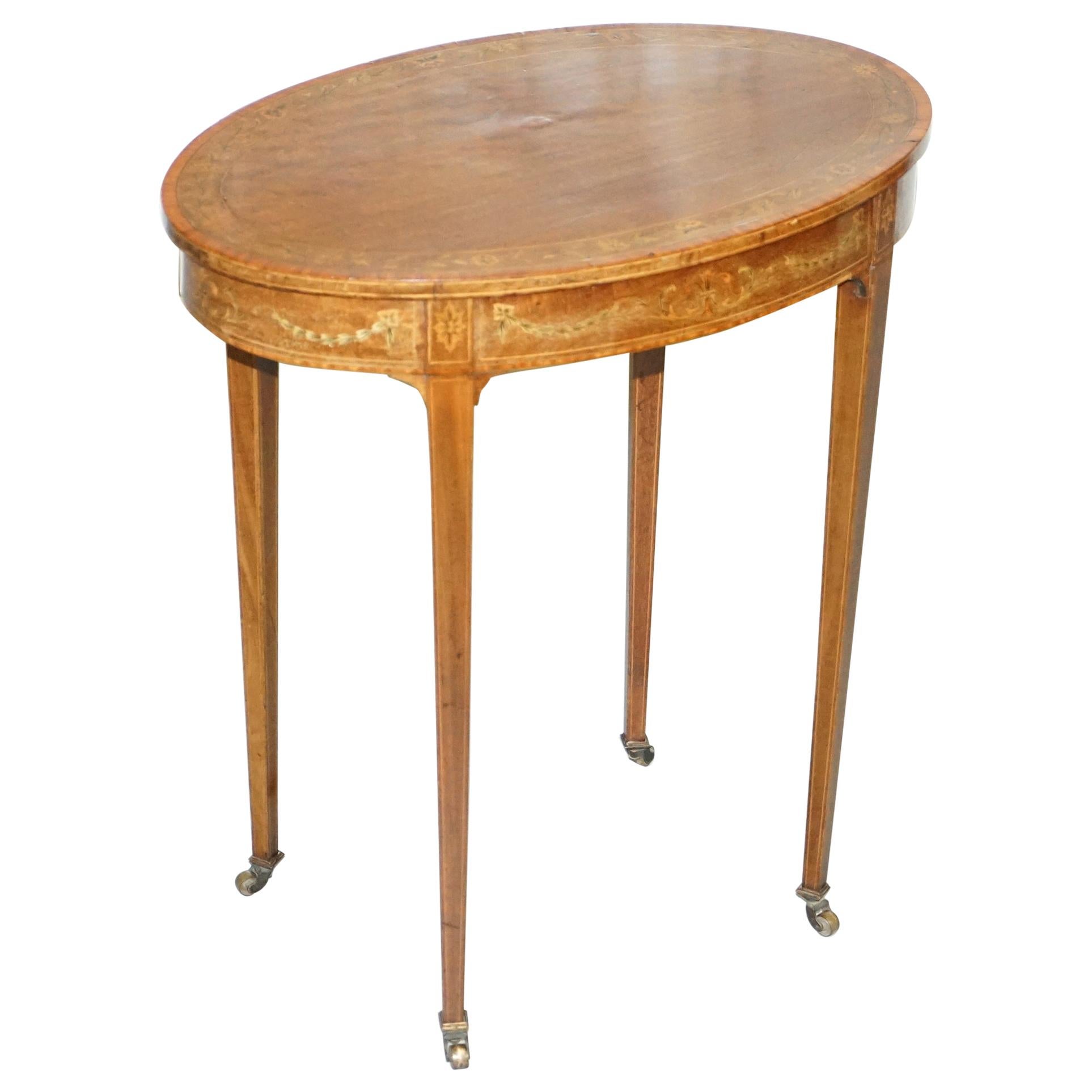 Stunning Floral Inlaid Sheraton Victorian Walnut Oval Occasional Side End Table For Sale