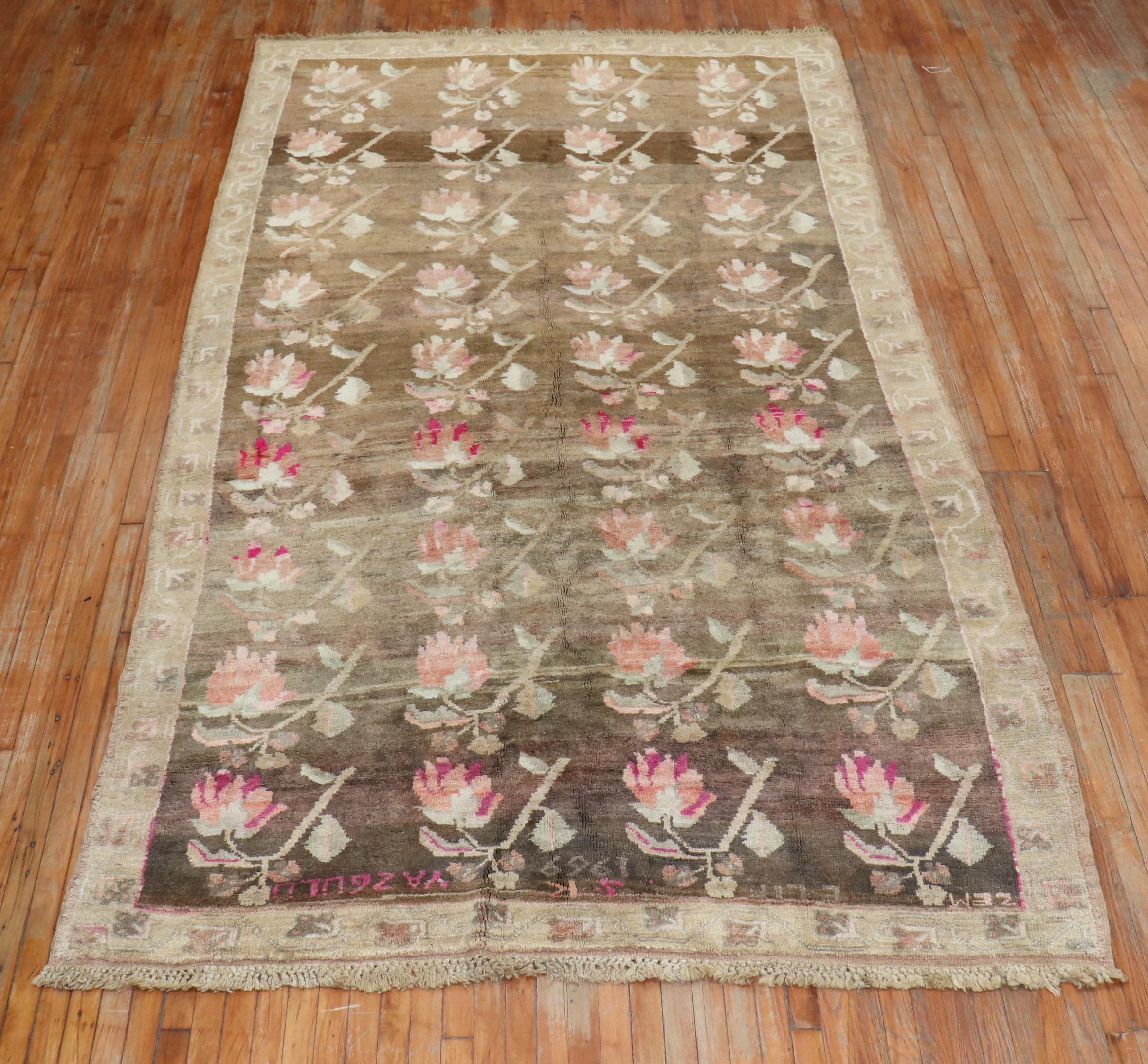 Stunning Floral Soft Brown Gallery Size Turkish Rug, Dated 1969 For Sale 3