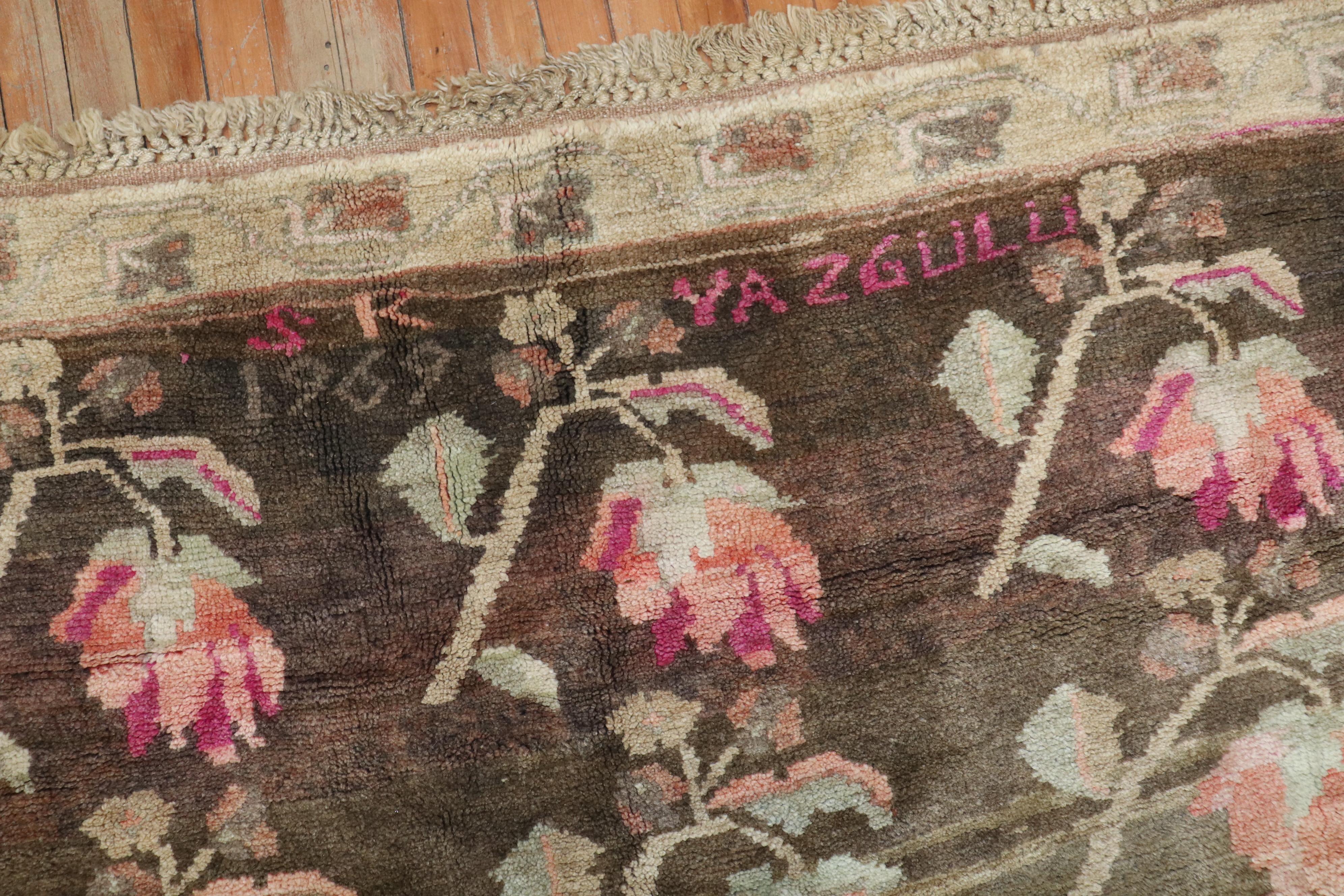Romantic Stunning Floral Soft Brown Gallery Size Turkish Rug, Dated 1969 For Sale