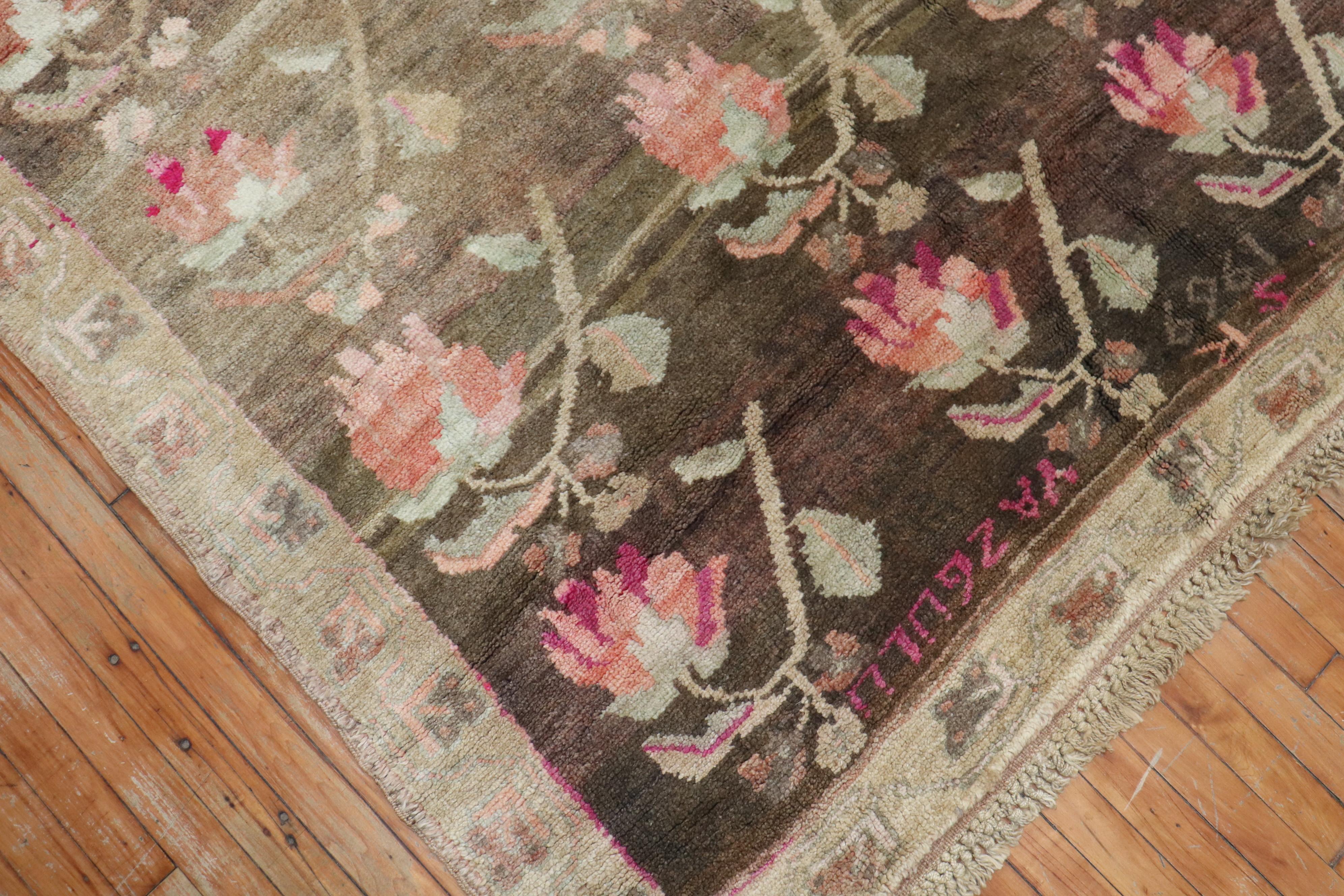 Hand-Woven Stunning Floral Soft Brown Gallery Size Turkish Rug, Dated 1969 For Sale