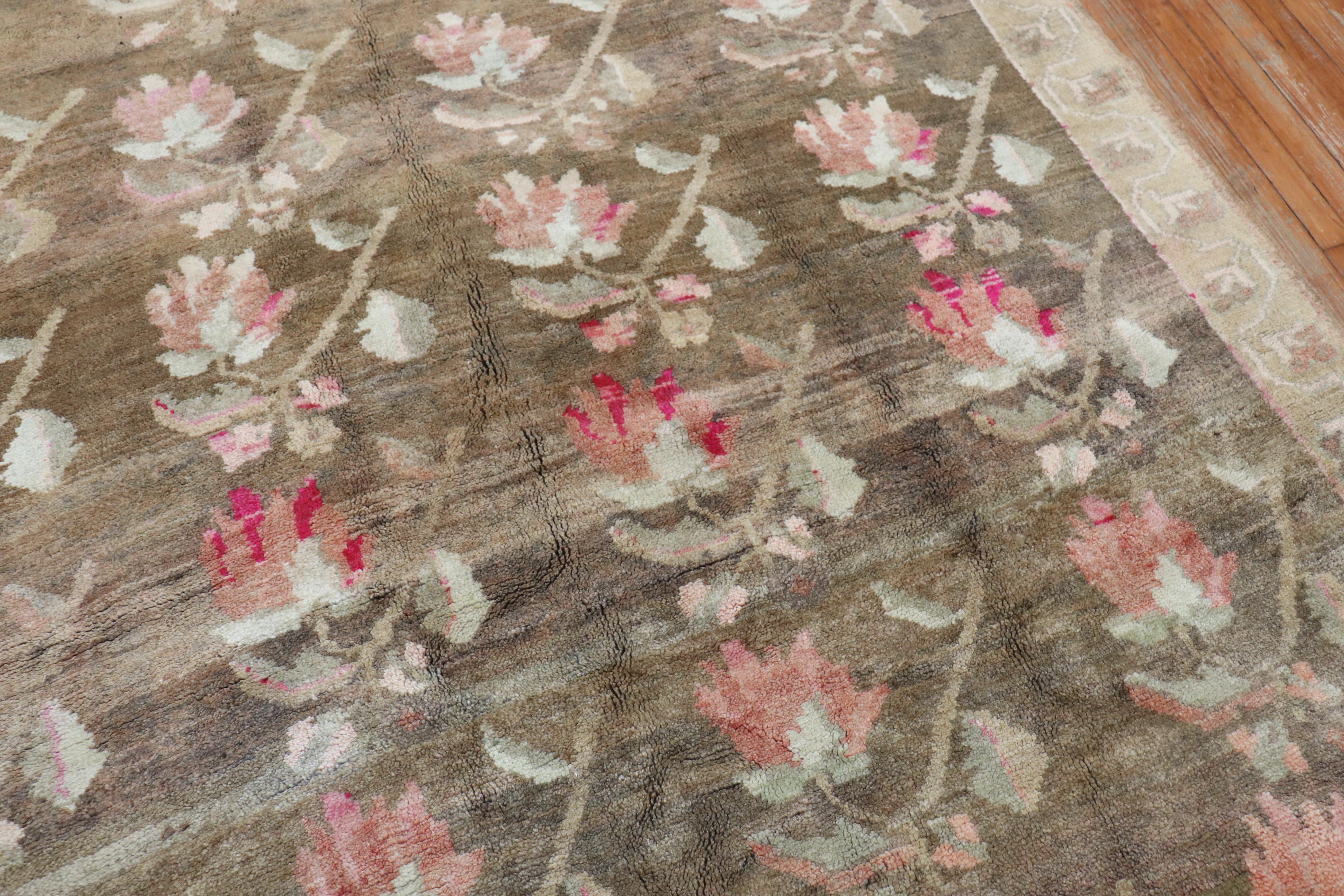 Stunning Floral Soft Brown Gallery Size Turkish Rug, Dated 1969 In Good Condition For Sale In New York, NY
