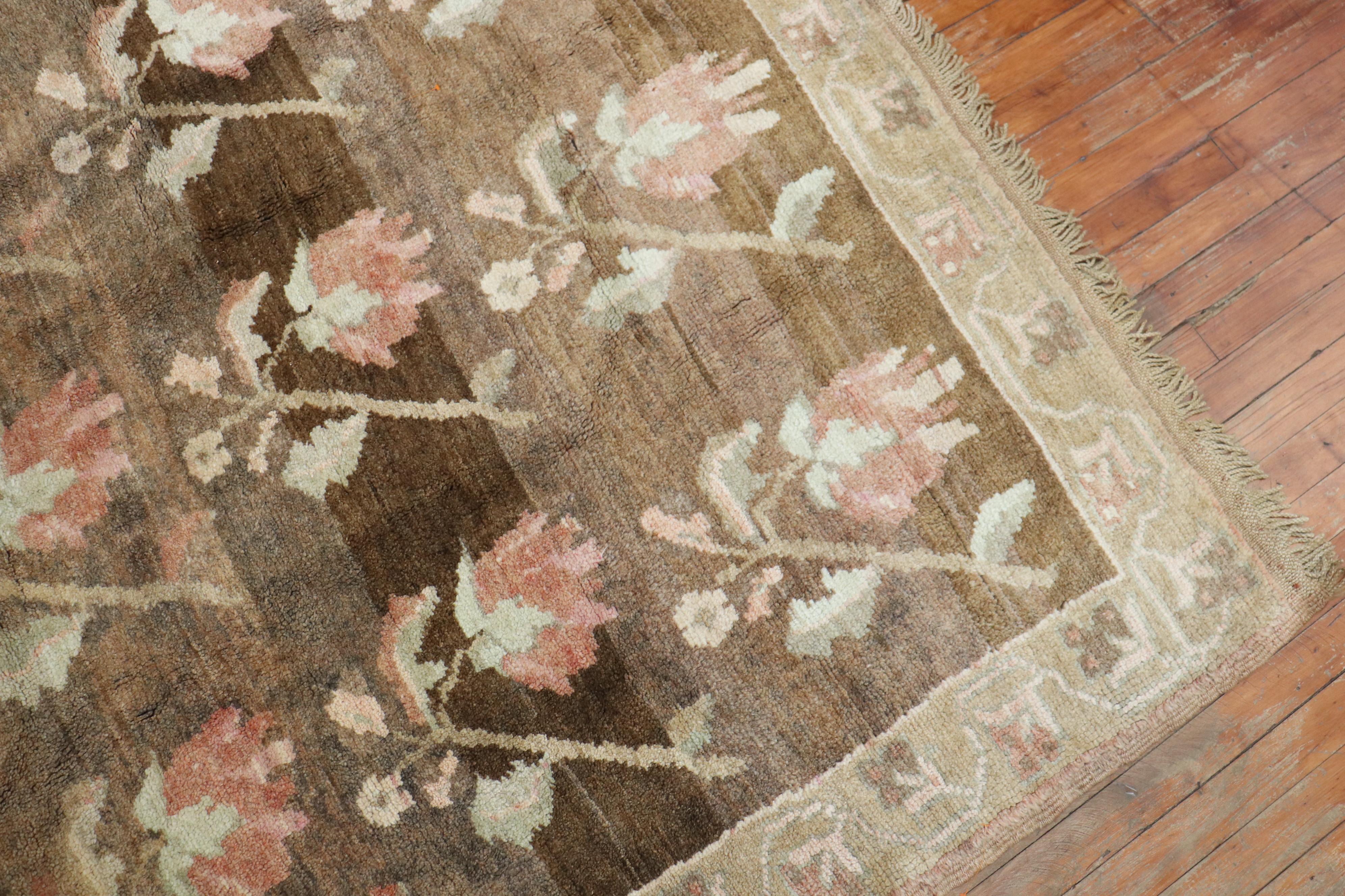20th Century Stunning Floral Soft Brown Gallery Size Turkish Rug, Dated 1969 For Sale