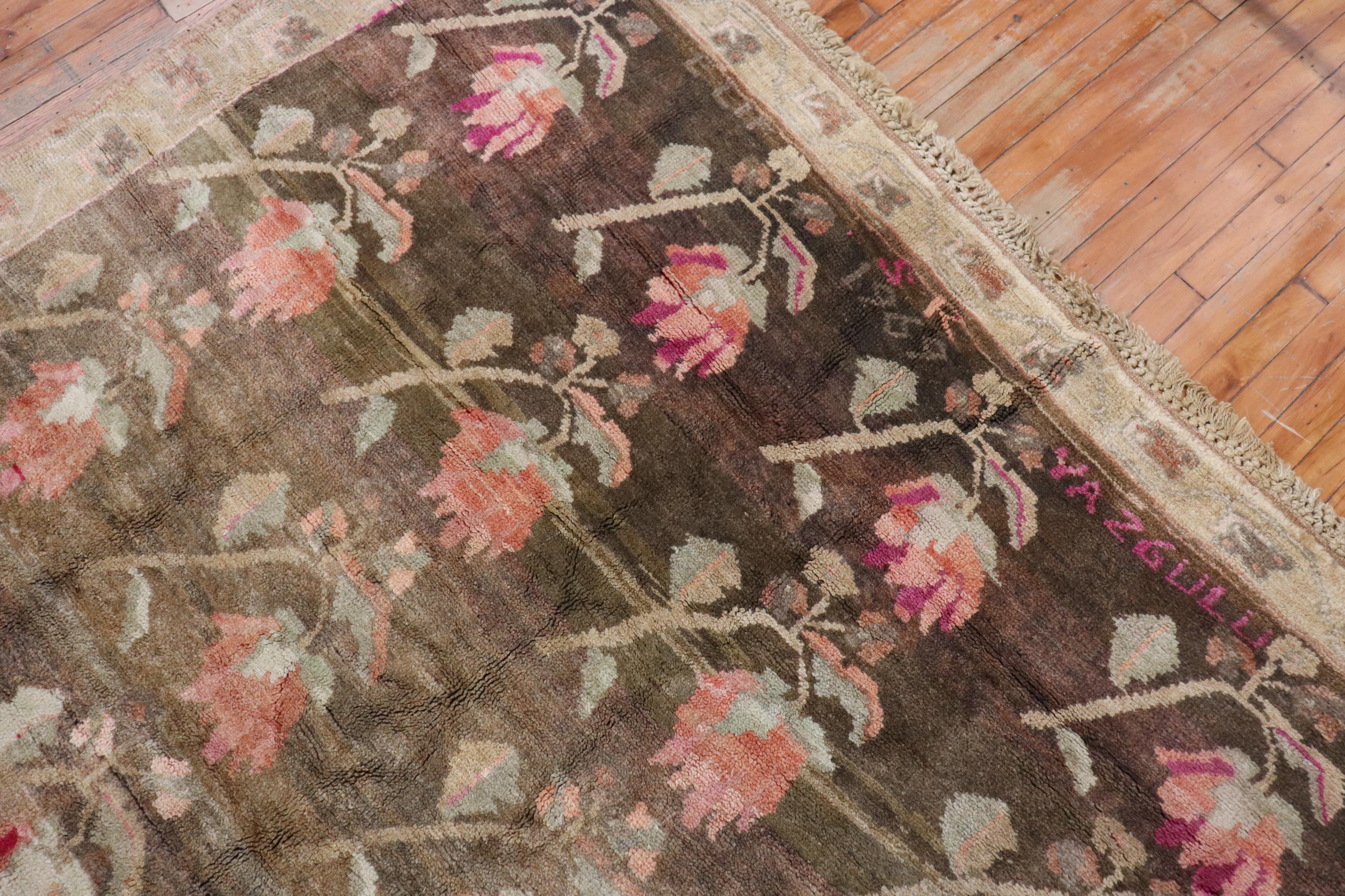 Wool Stunning Floral Soft Brown Gallery Size Turkish Rug, Dated 1969 For Sale