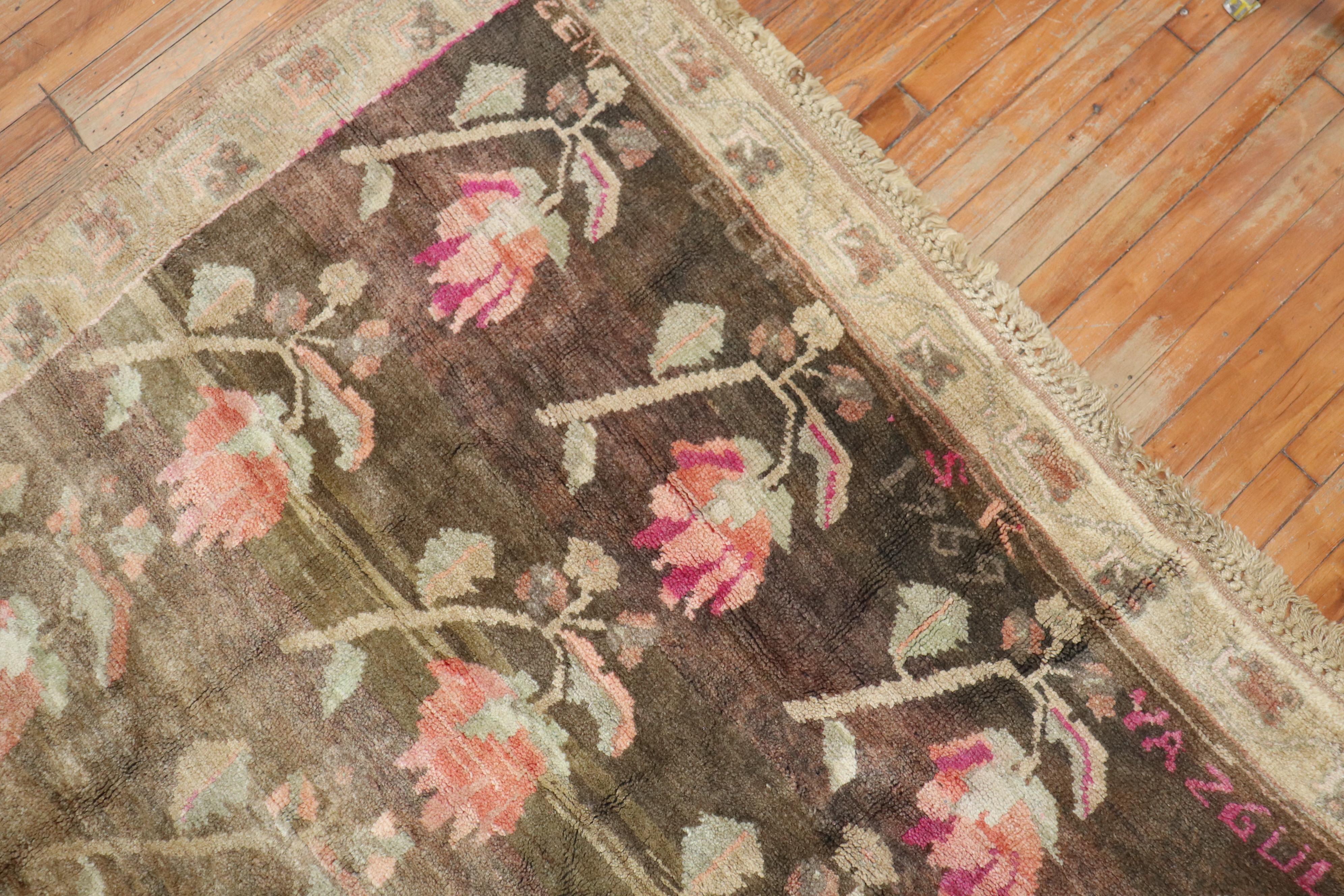 Stunning Floral Soft Brown Gallery Size Turkish Rug, Dated 1969 For Sale 1