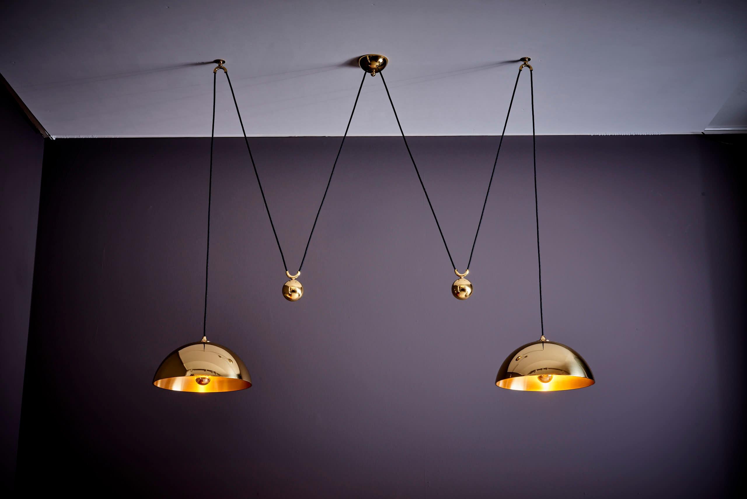 German Stunning Florian Schulz Double Posa Brass Pendant Lamp with Side Counter Weights For Sale