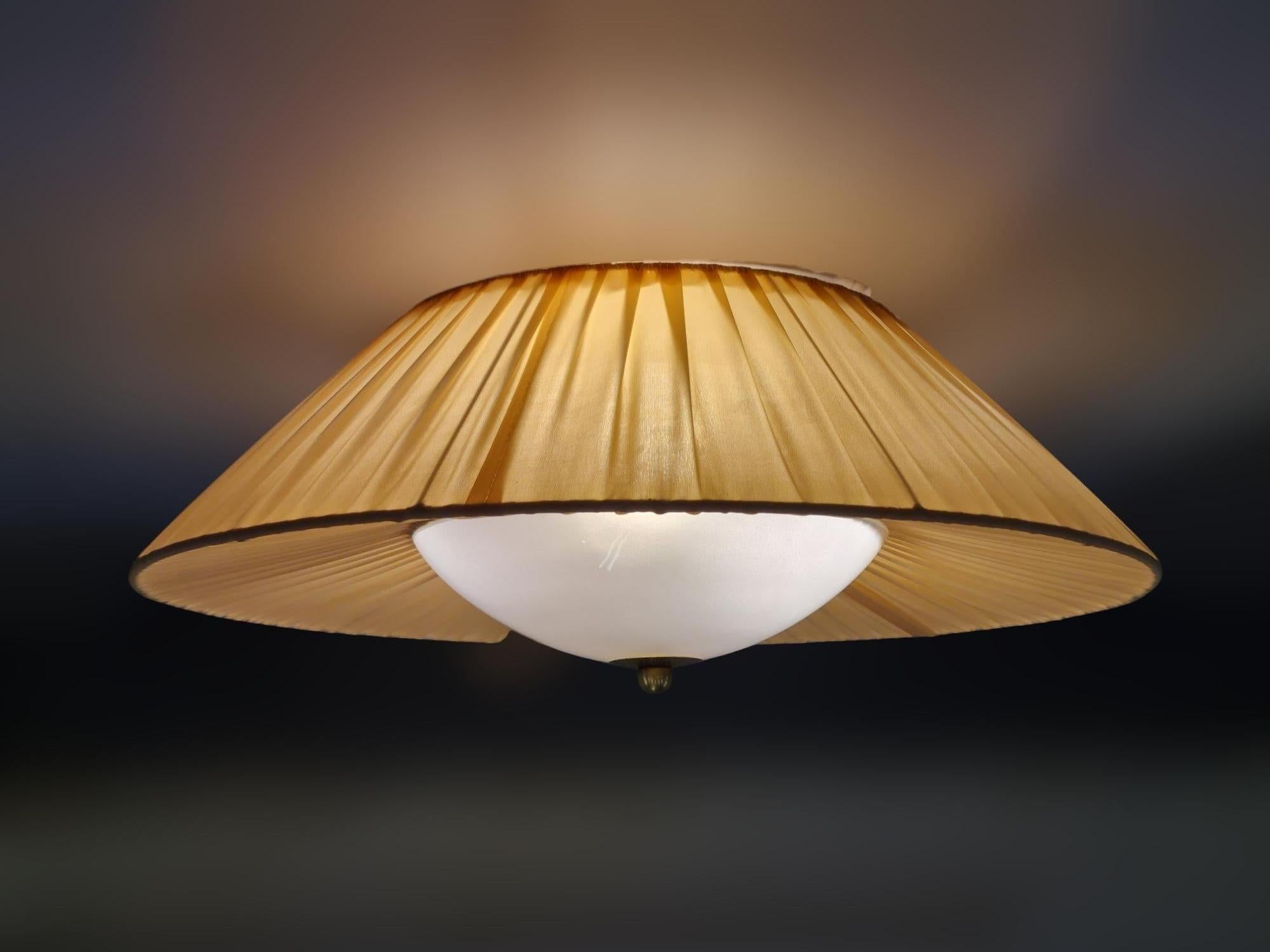 Scandinavian Modern Stunning Flushmount in Glass, Silk & Brass, Attr. Gunnel Nyman, Idman 1950s For Sale
