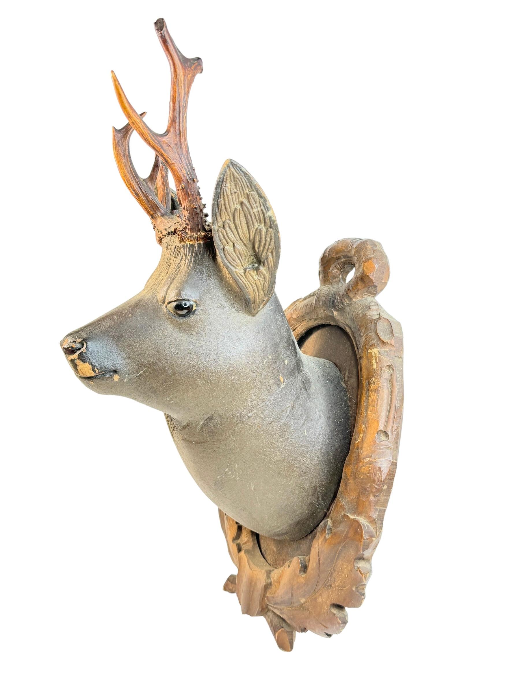 Stunning Folk Art Wood Carved Deer Head with Real Antlers, Austria 19th Century For Sale 4