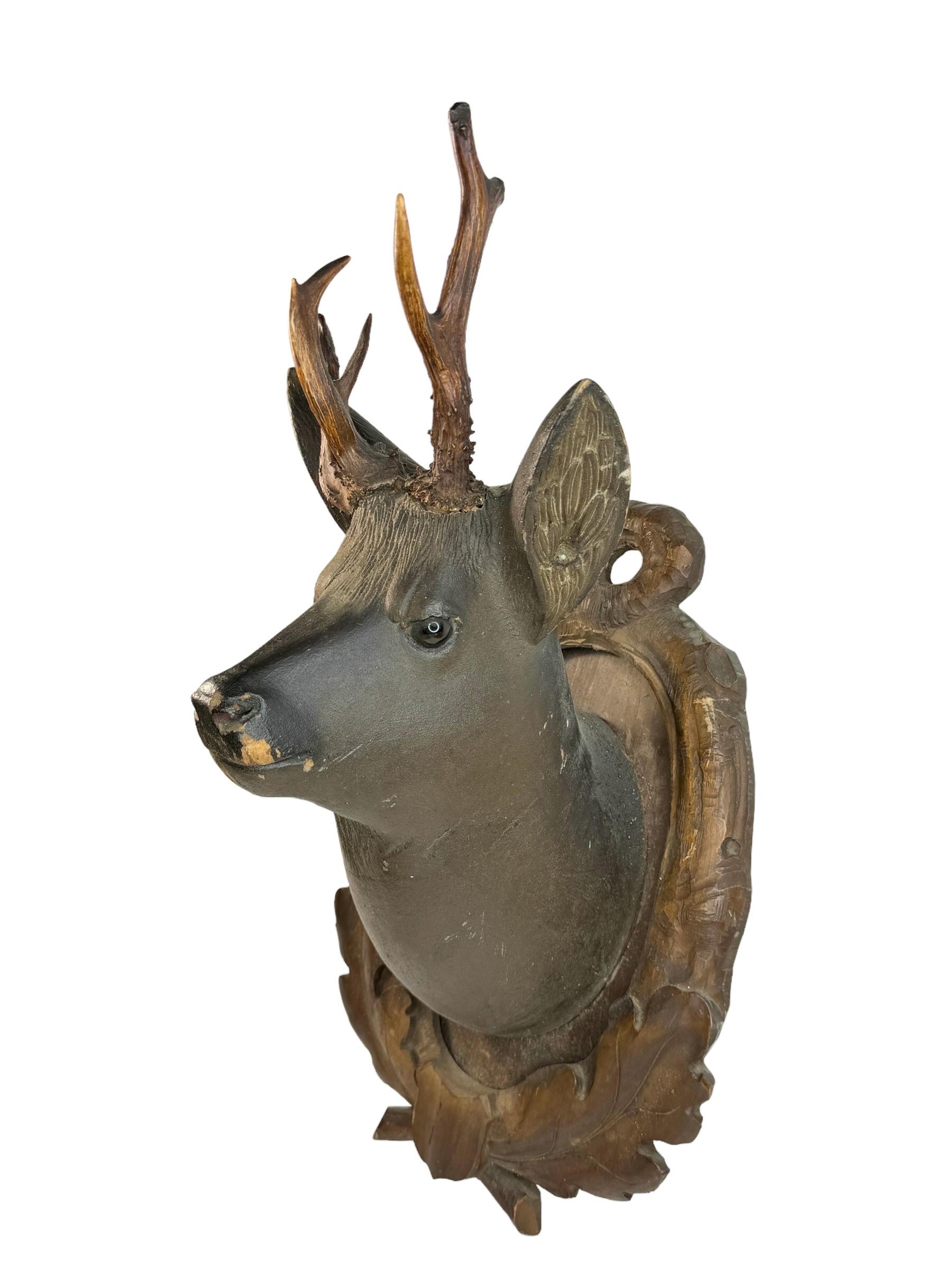 Black Forest Stunning Folk Art Wood Carved Deer Head with Real Antlers, Austria 19th Century For Sale