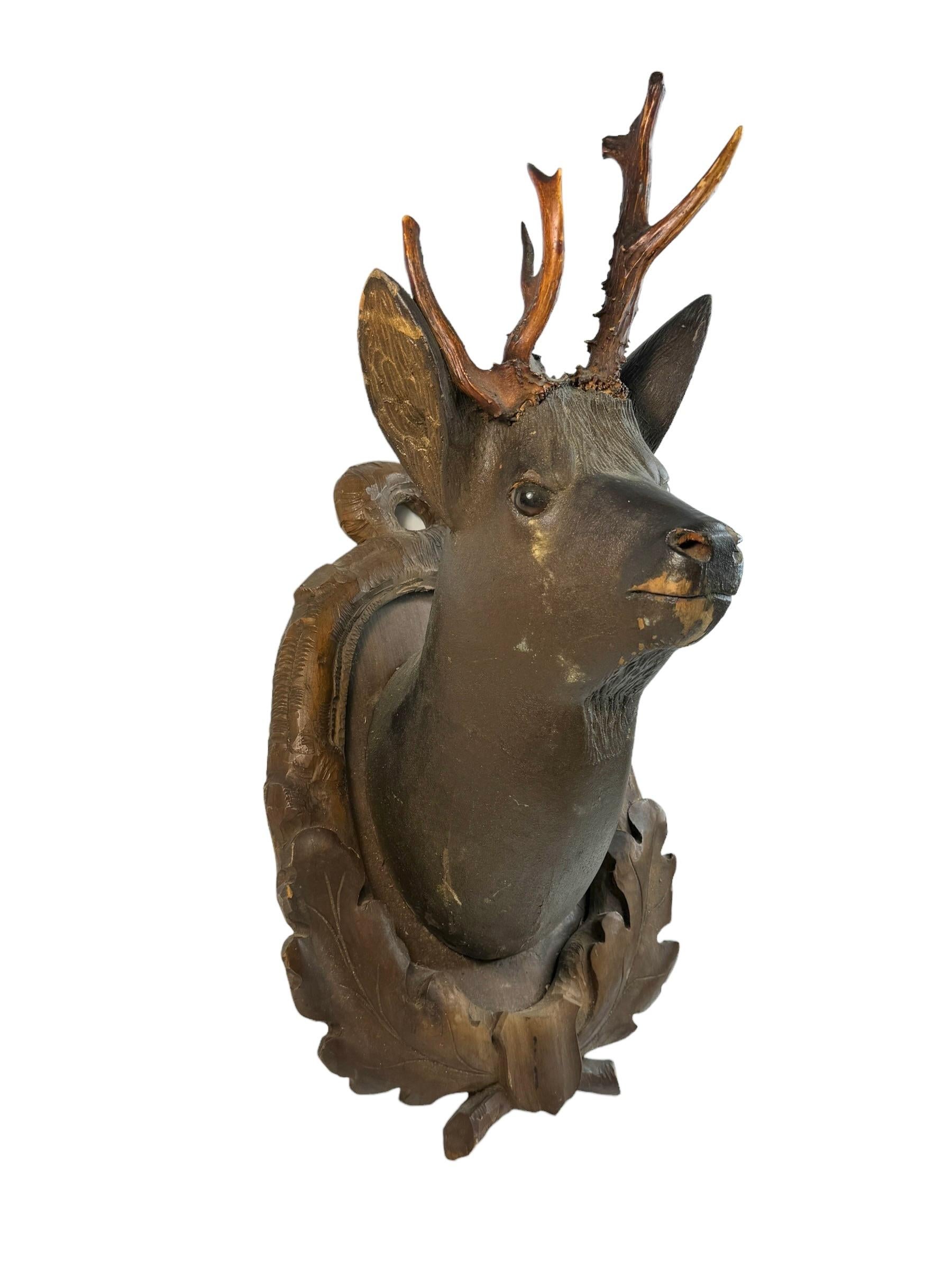 Austrian Stunning Folk Art Wood Carved Deer Head with Real Antlers, Austria 19th Century For Sale