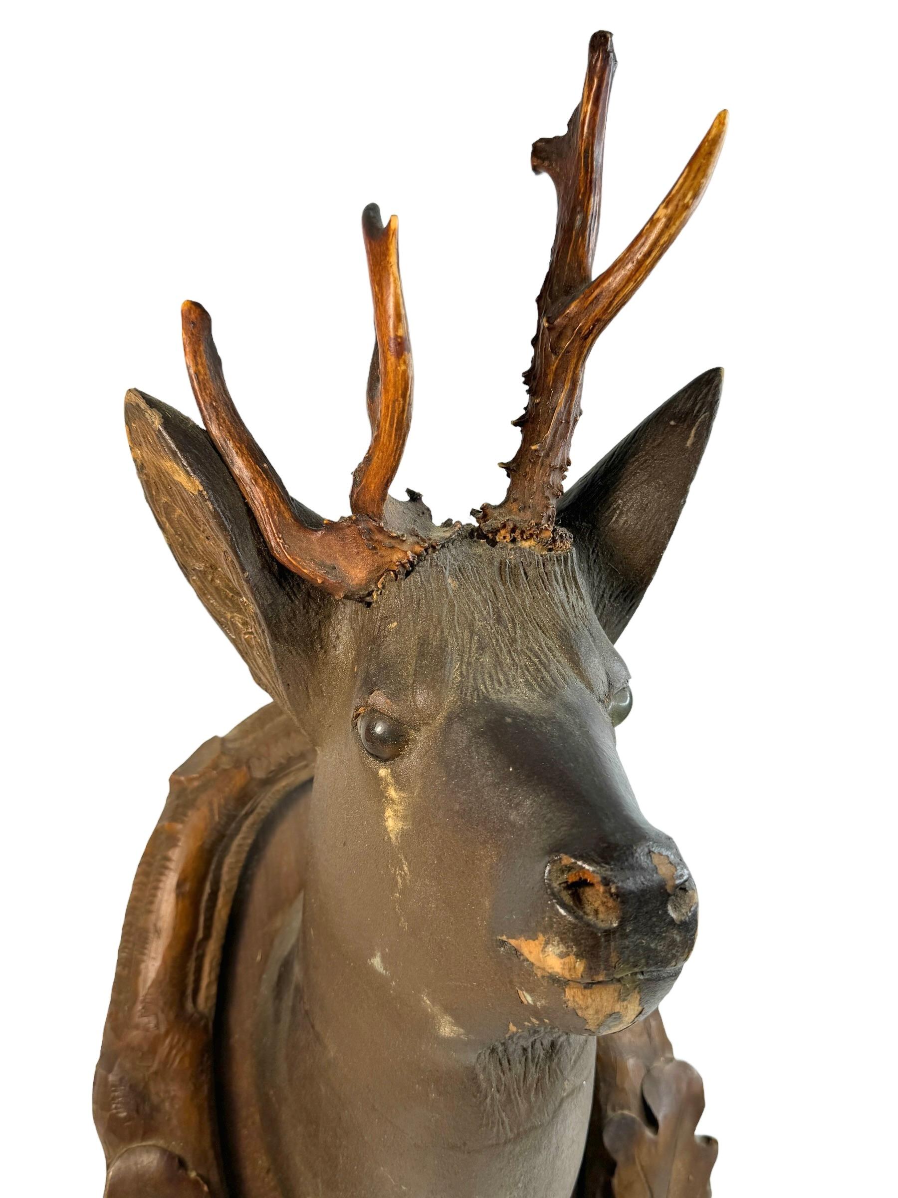 Hand-Carved Stunning Folk Art Wood Carved Deer Head with Real Antlers, Austria 19th Century For Sale