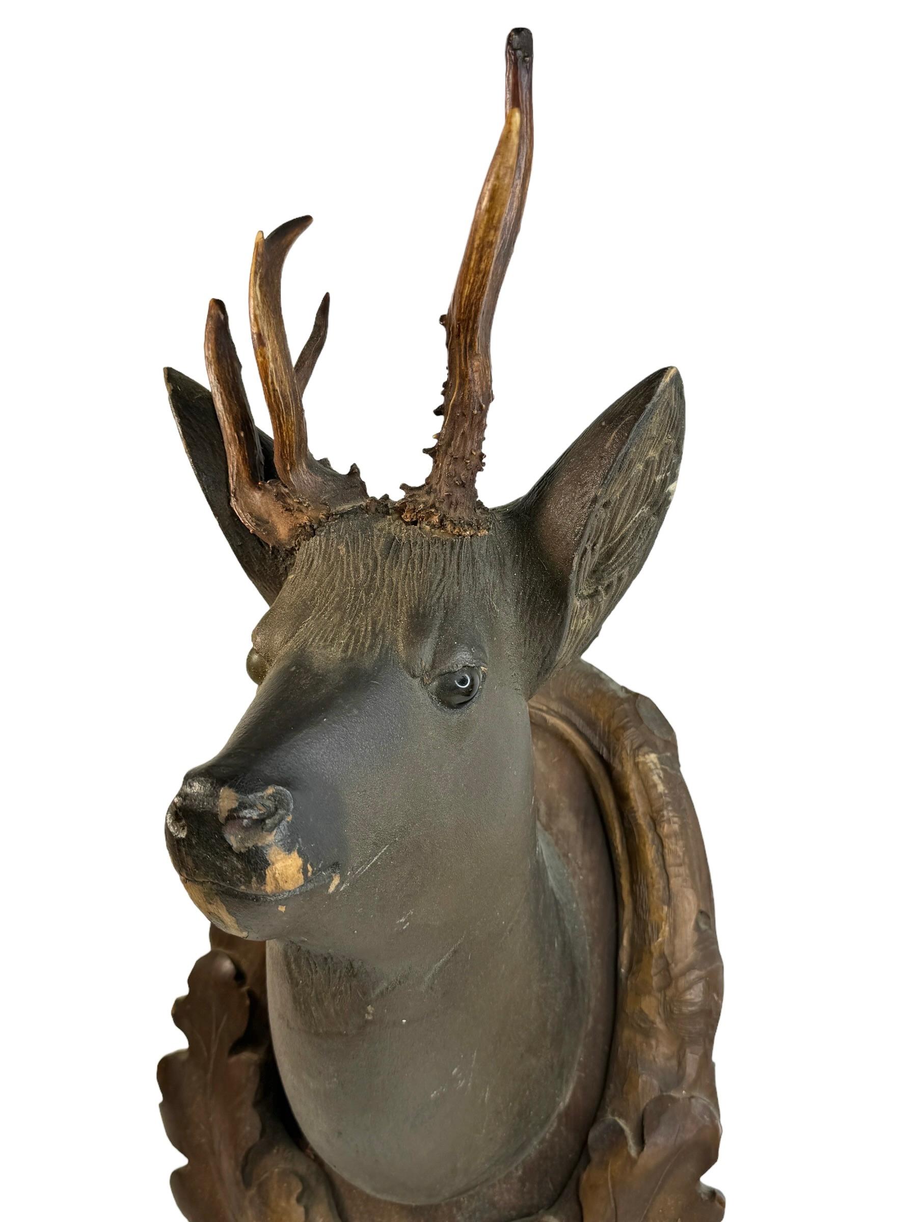 Stunning Folk Art Wood Carved Deer Head with Real Antlers, Austria 19th Century In Good Condition For Sale In Nuernberg, DE