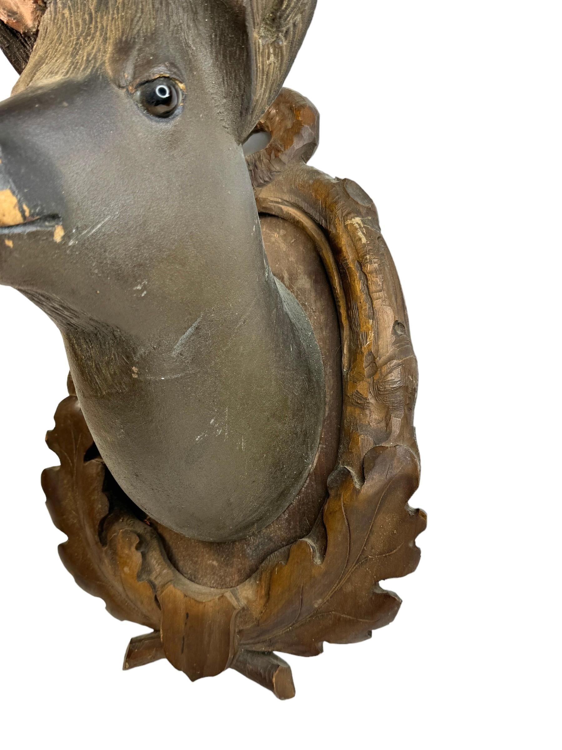 Stunning Folk Art Wood Carved Deer Head with Real Antlers, Austria 19th Century For Sale 1