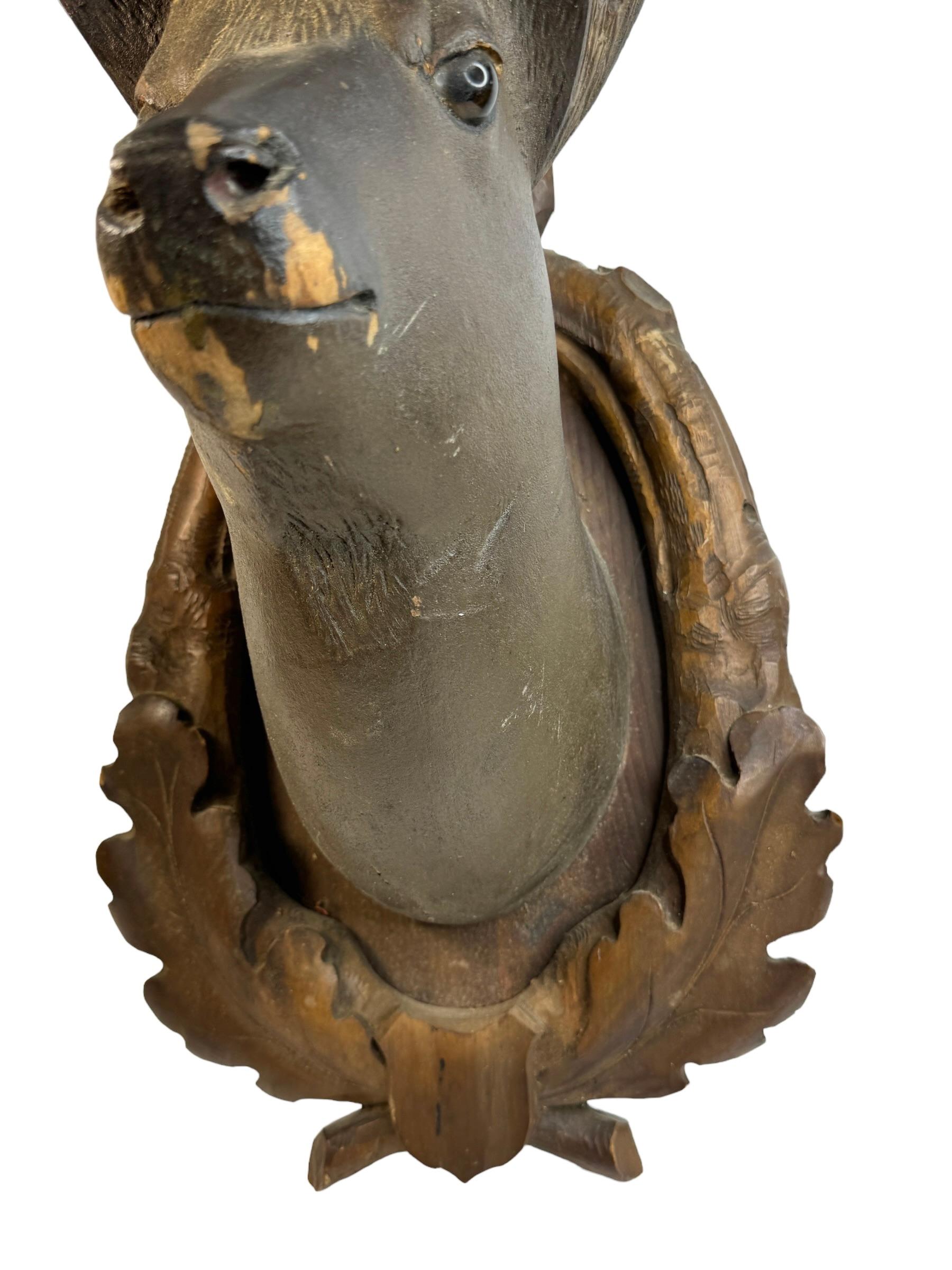 Stunning Folk Art Wood Carved Deer Head with Real Antlers, Austria 19th Century For Sale 2