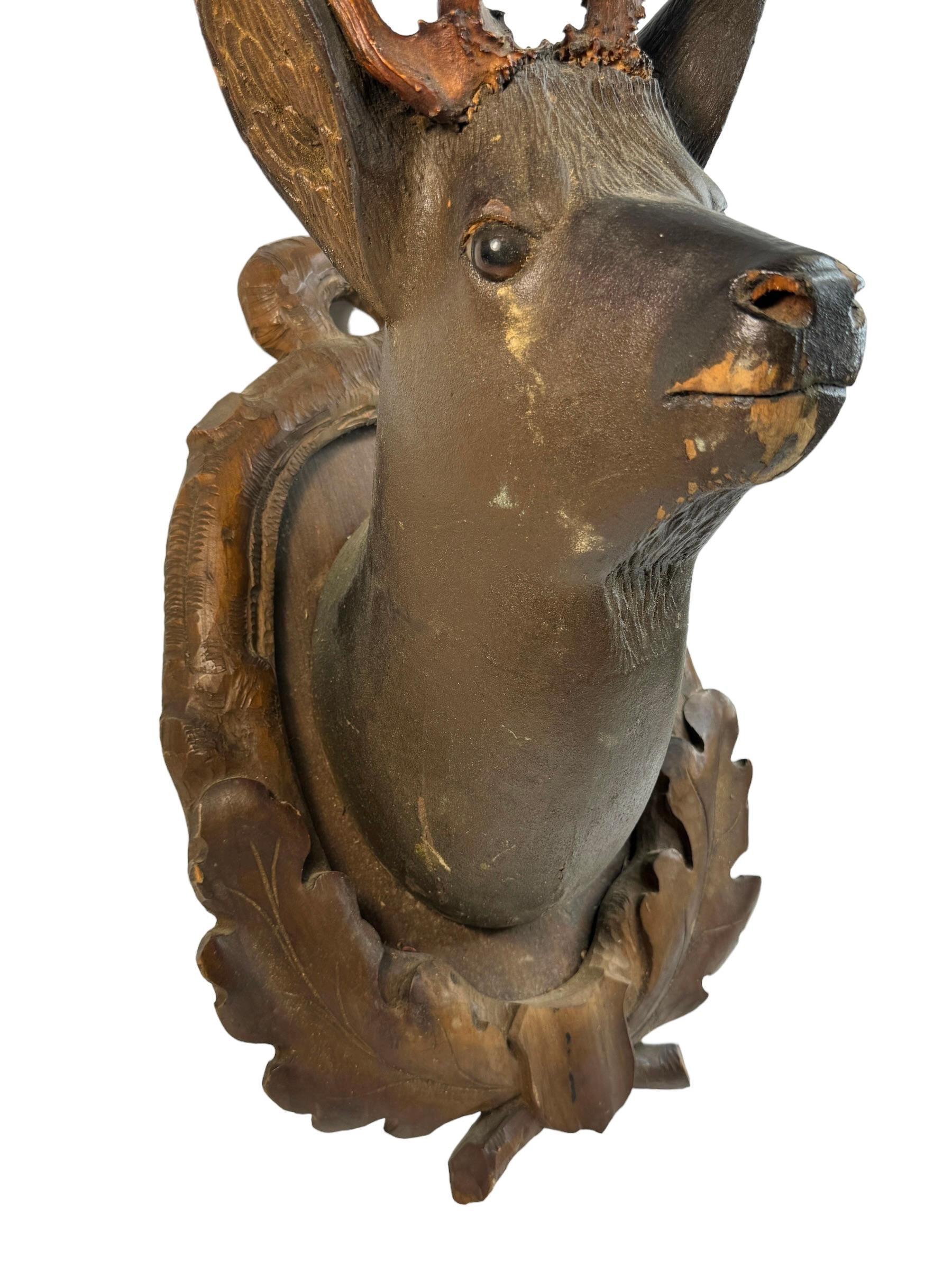 Stunning Folk Art Wood Carved Deer Head with Real Antlers, Austria 19th Century For Sale 3
