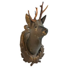 Antique Stunning Folk Art Wood Carved Deer Head with Real Antlers, Austria 19th Century