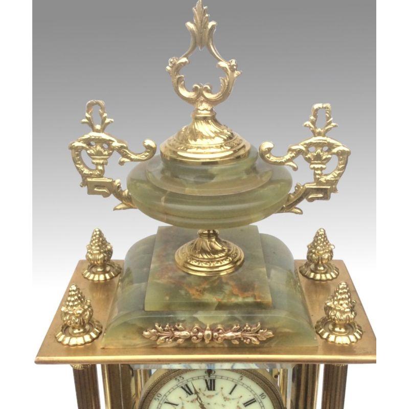 Victorian Stunning Four Glass Onyx and Brass Mantel Clock For Sale