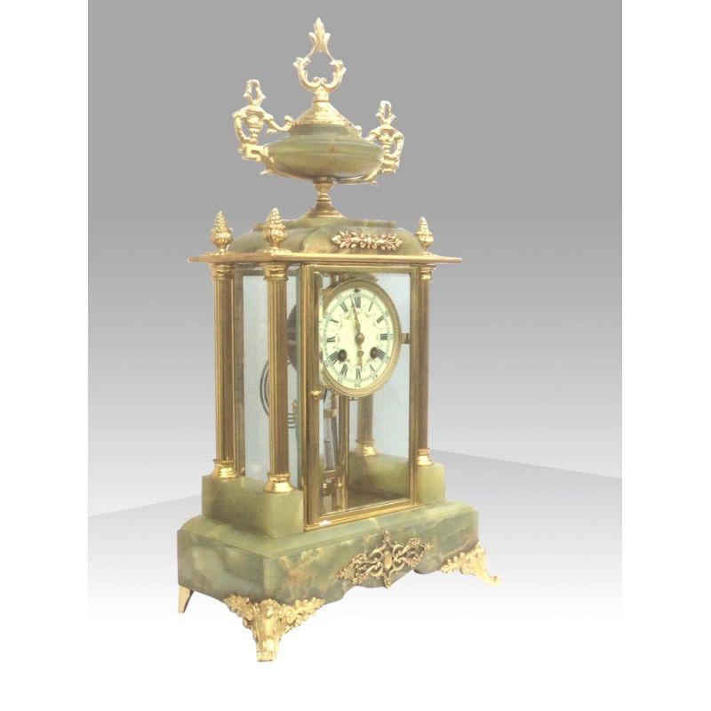 French Stunning Four Glass Onyx and Brass Mantel Clock For Sale