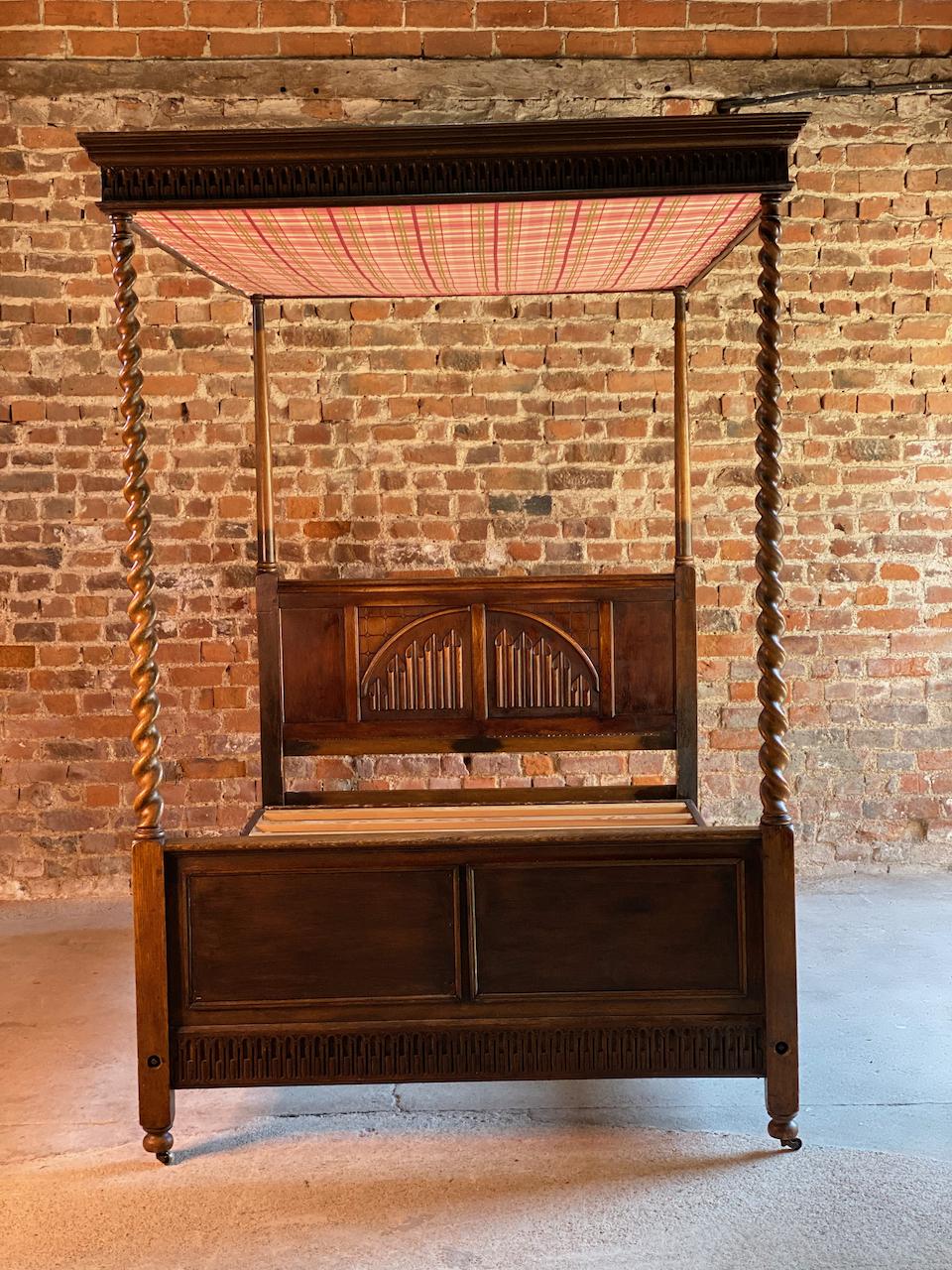 Stunning Four Poster Oak Bed Barley Twist Uprights Linen Headboard, circa 1930 5