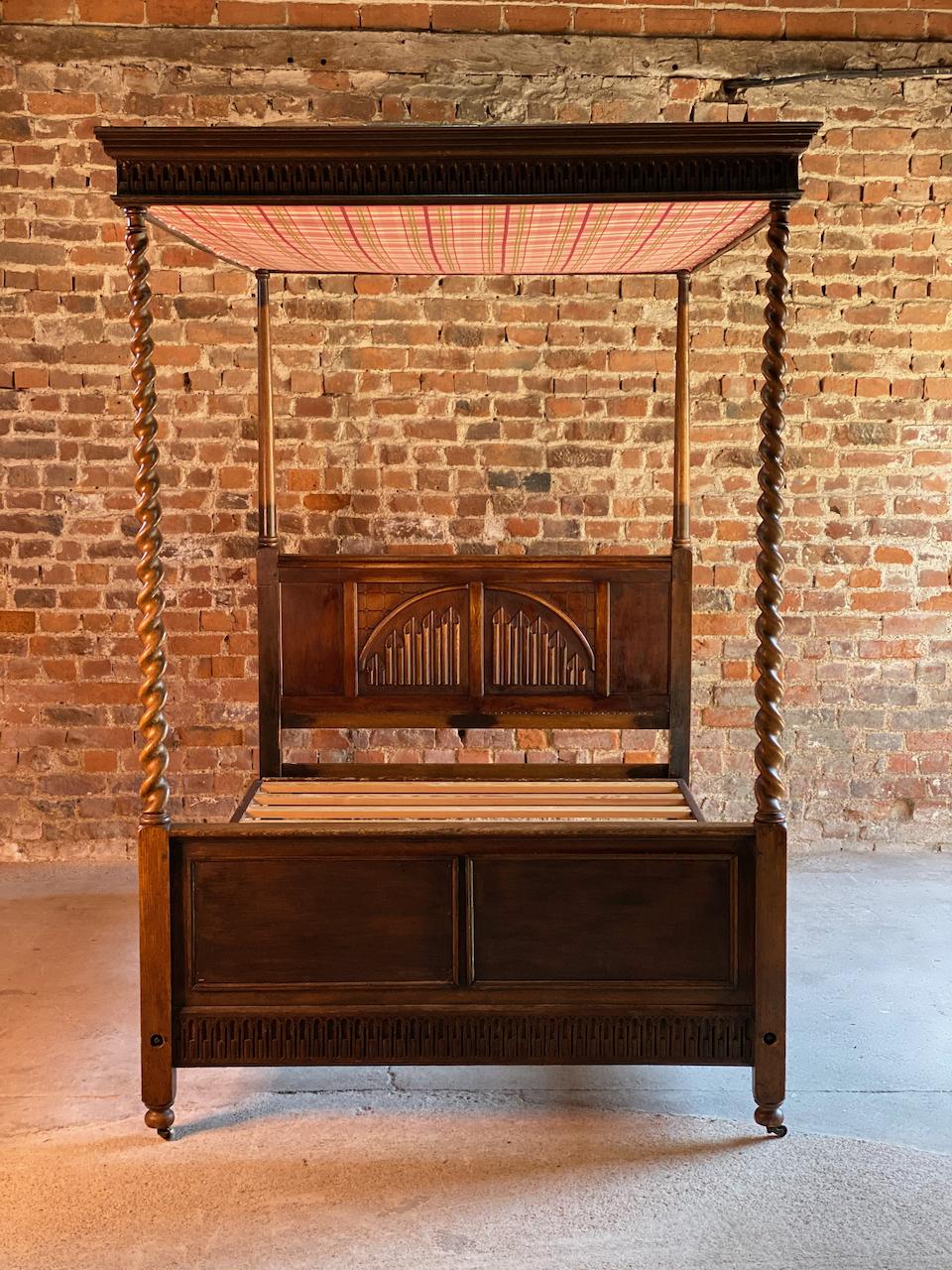 Stunning Four Poster Oak Bed Barley Twist Uprights Linen Headboard, circa 1930 6