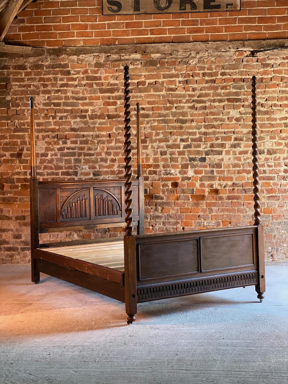 Stunning Four Poster Oak Bed Barley Twist Uprights Linen Headboard, circa 1930 8