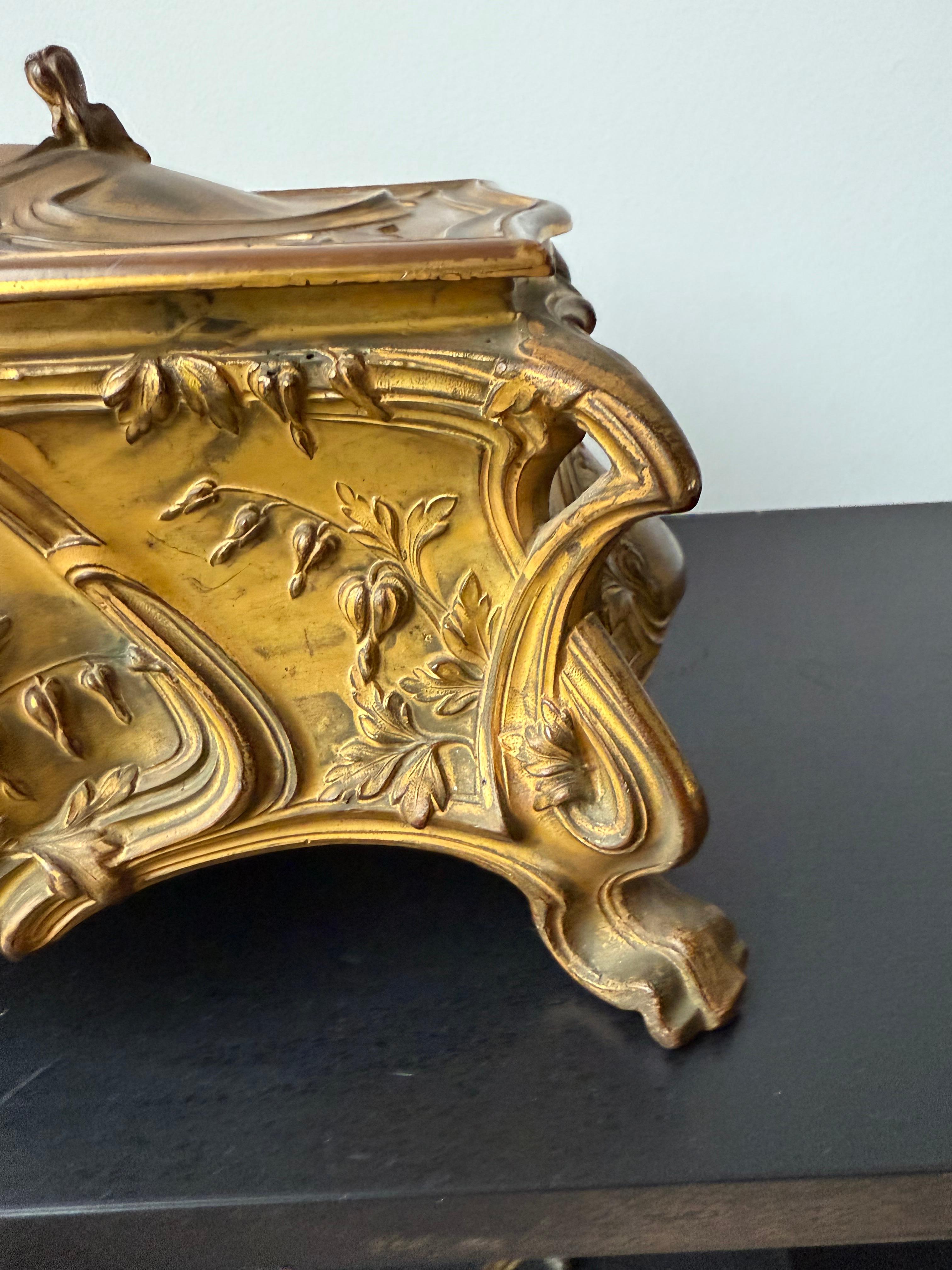 Velvet Stunning France Art Nouveau Bronzed Jewelry Box with Detailed Leafs and Flowers For Sale