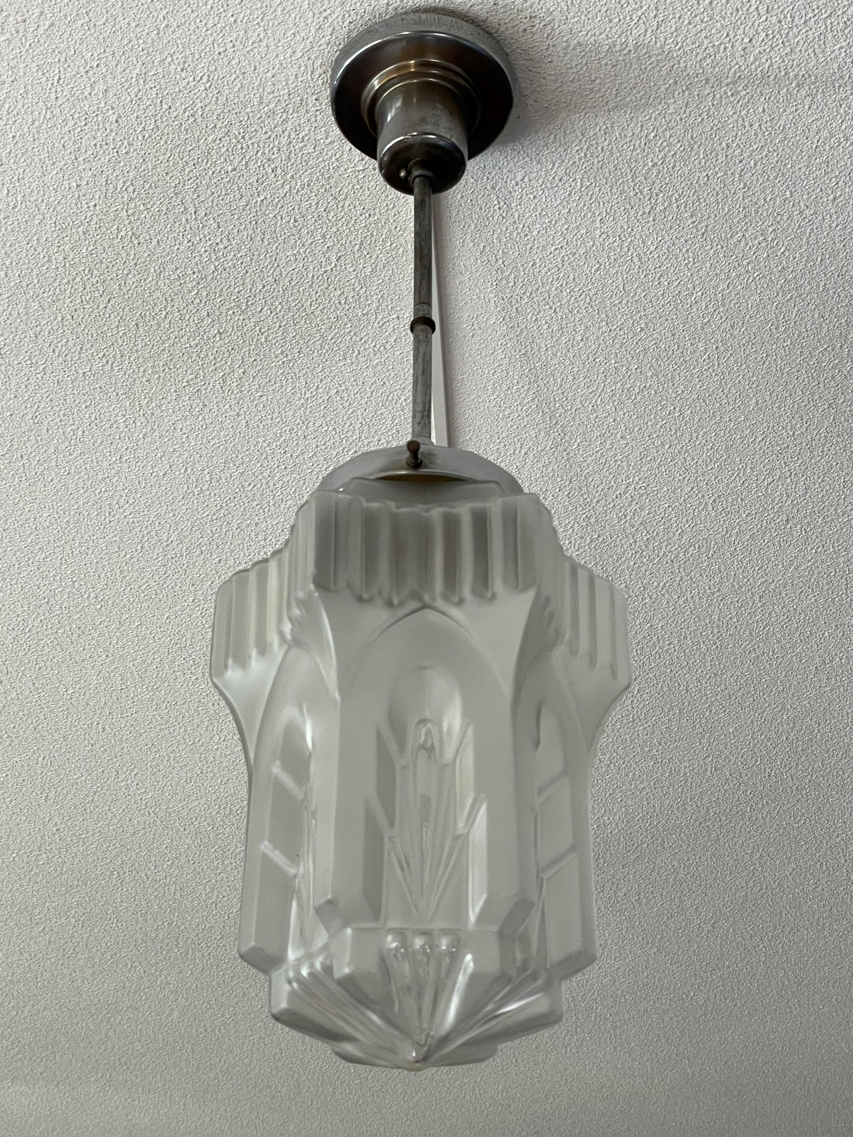 Stunning French, Antique Gothic Art Deco Design, Chrome Metal Pendant Light 1920 For Sale 2