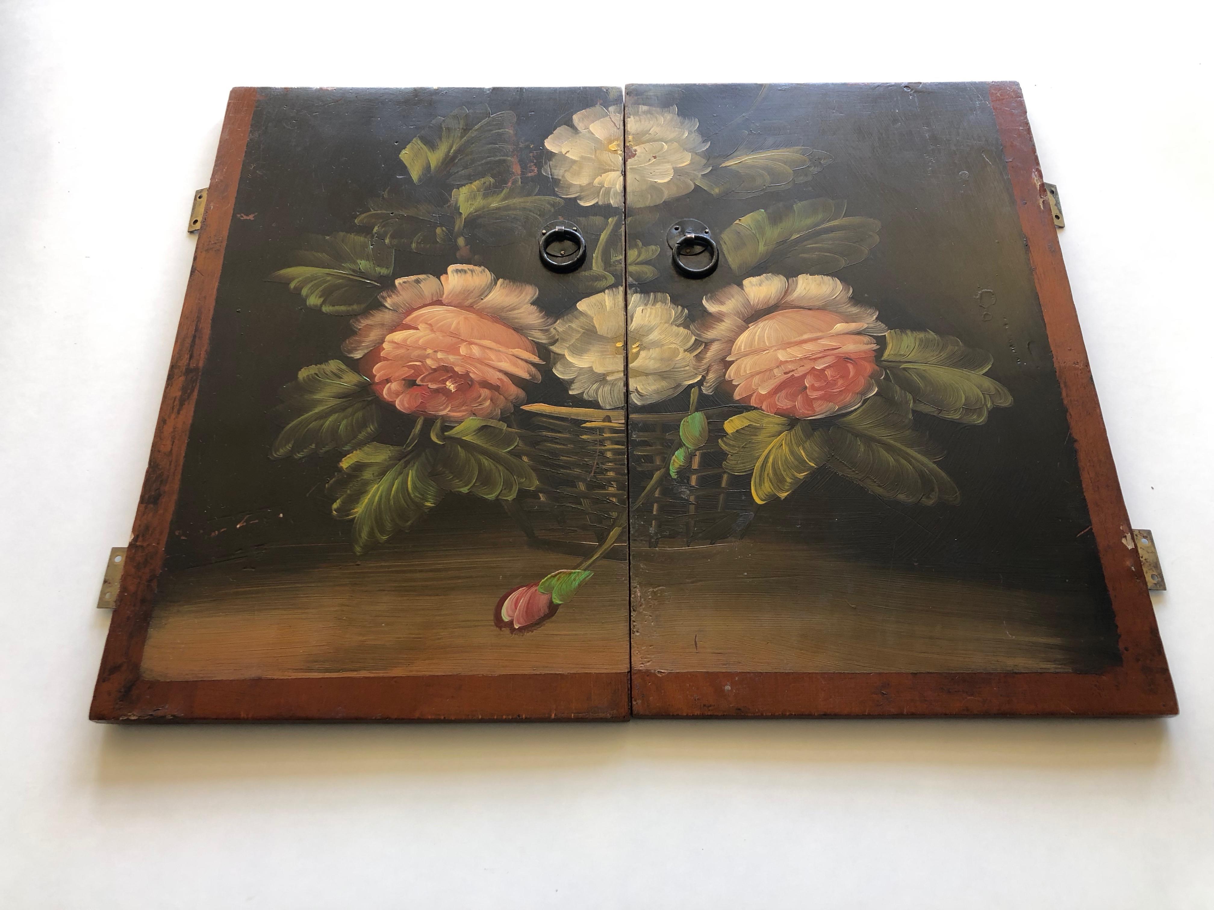 Stunning French Antique Pair of Hand Painted Wooden Cabinet Doors with Flowers In Good Condition For Sale In Petaluma, CA