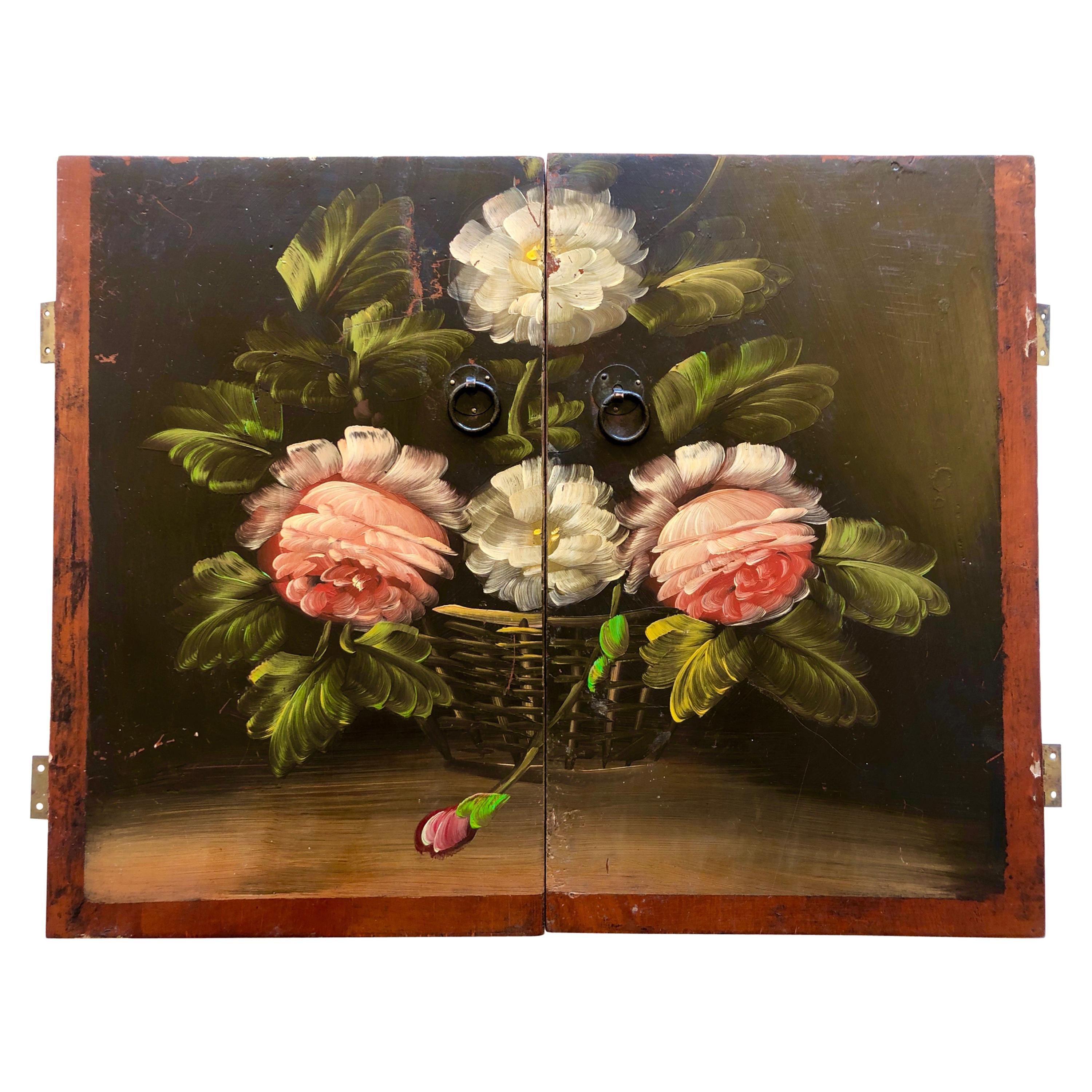 Stunning French Antique Pair of Hand Painted Wooden Cabinet Doors with Flowers For Sale