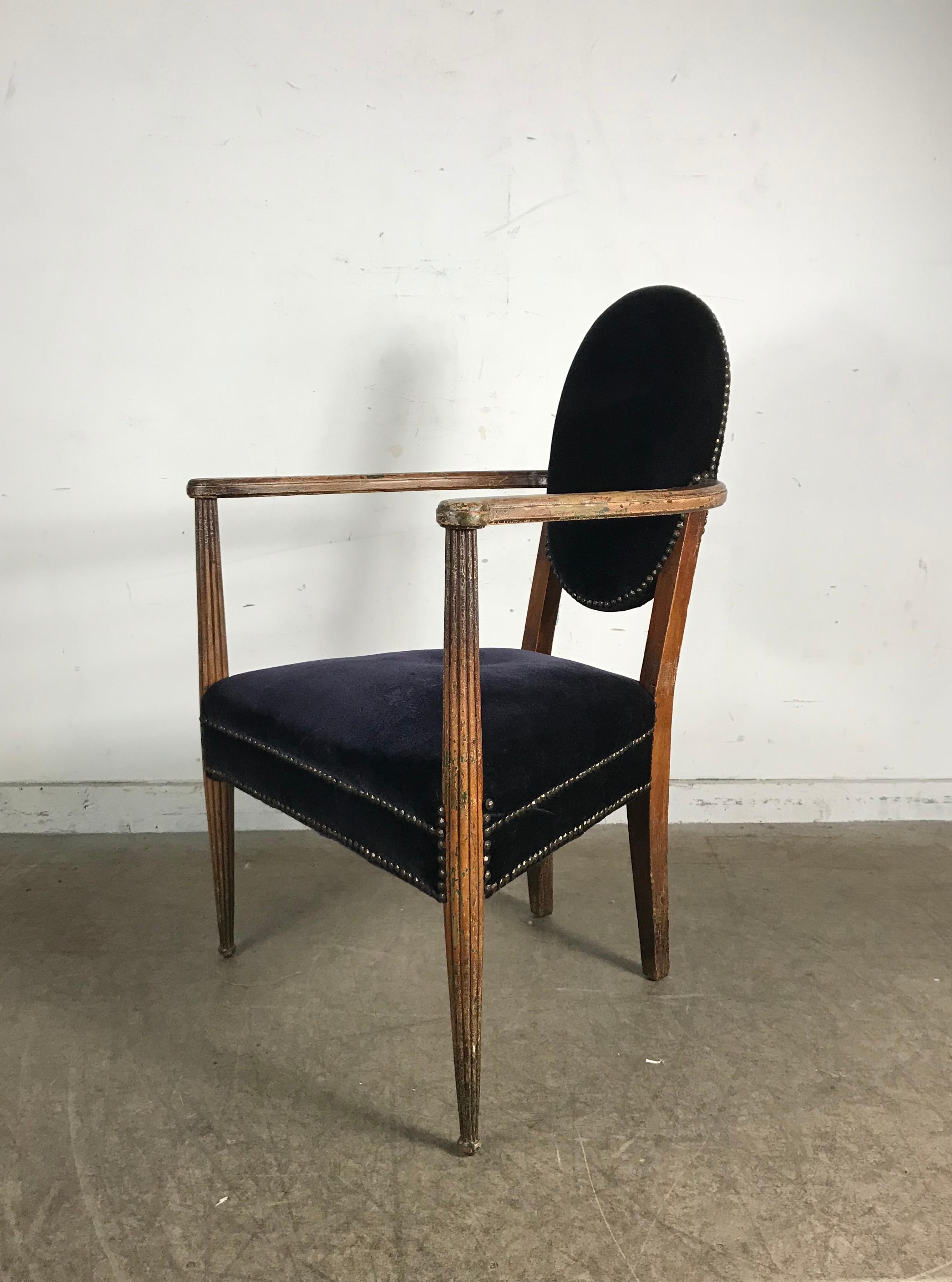 Stunning French Art Deco arm, lounge chair, unusual oval back design. Retains original distressed finish, patina as well as what appears to be original mohair fabric, Classic French Art Deco.