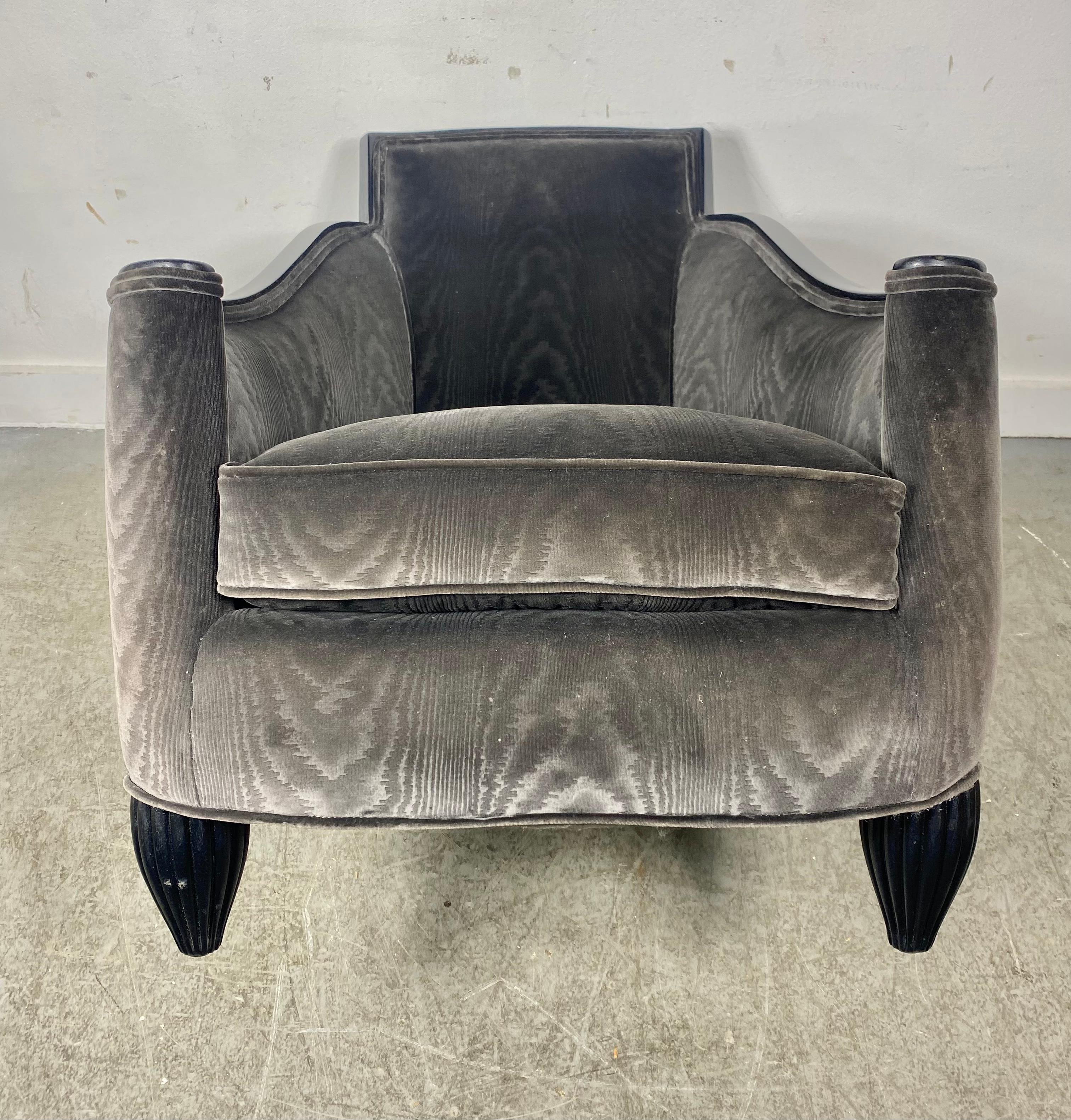 Stunning French Art Deco Lounge Chair, velvet / lacquer,  attributed to Jules Leleu... Classic French design.. Wonderful patterned velvet/mohair fabric,, Extremely comfortable.. Perfect accent chair. Hand delivery avail to New York City or anywhere
