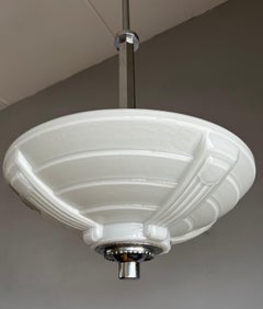 Stunning French Art Deco Opaline Glass & Chrome 3- Light Pendant, circa 1930