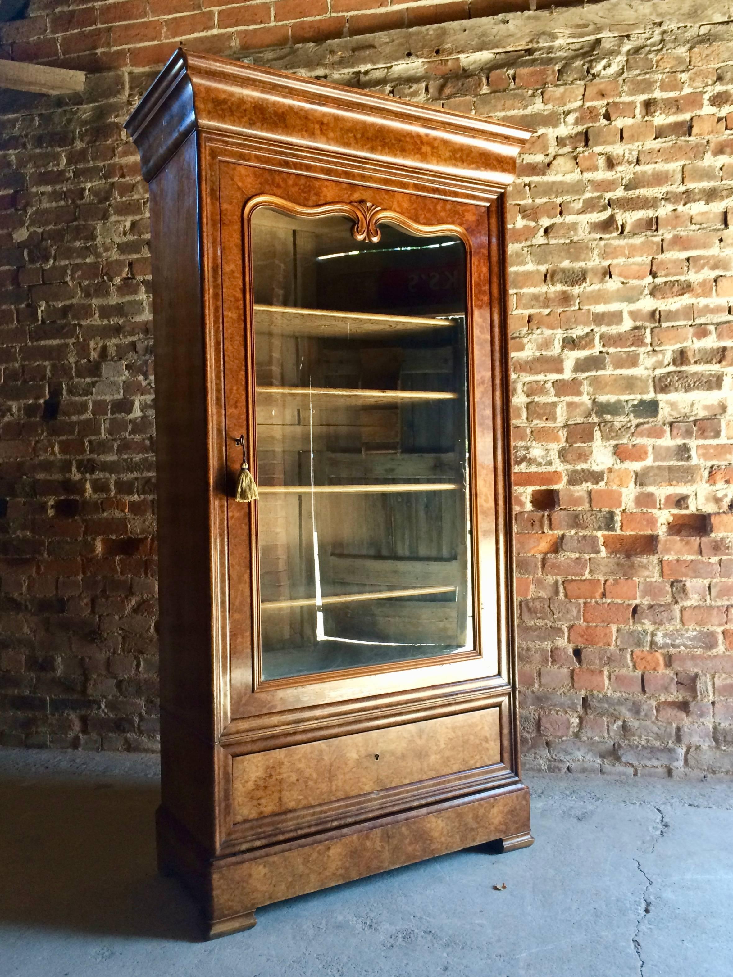 French Provincial Stunning-French-Bookcase-Vitrine-Cabinet-Burr-Walnut Glazed 19th Century Antique