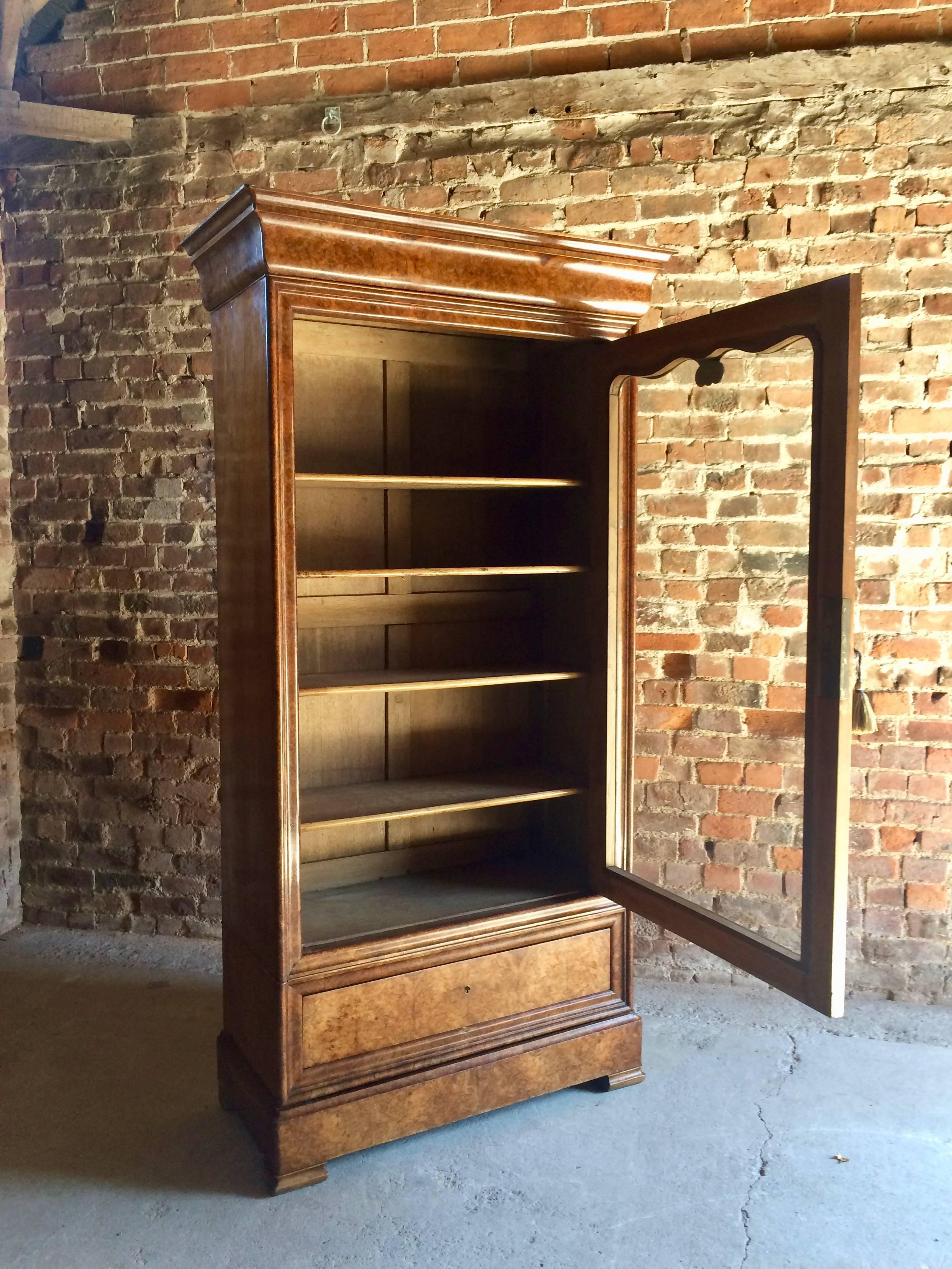 Stunning-French-Bookcase-Vitrine-Cabinet-Burr-Walnut Glazed 19th Century Antique 1