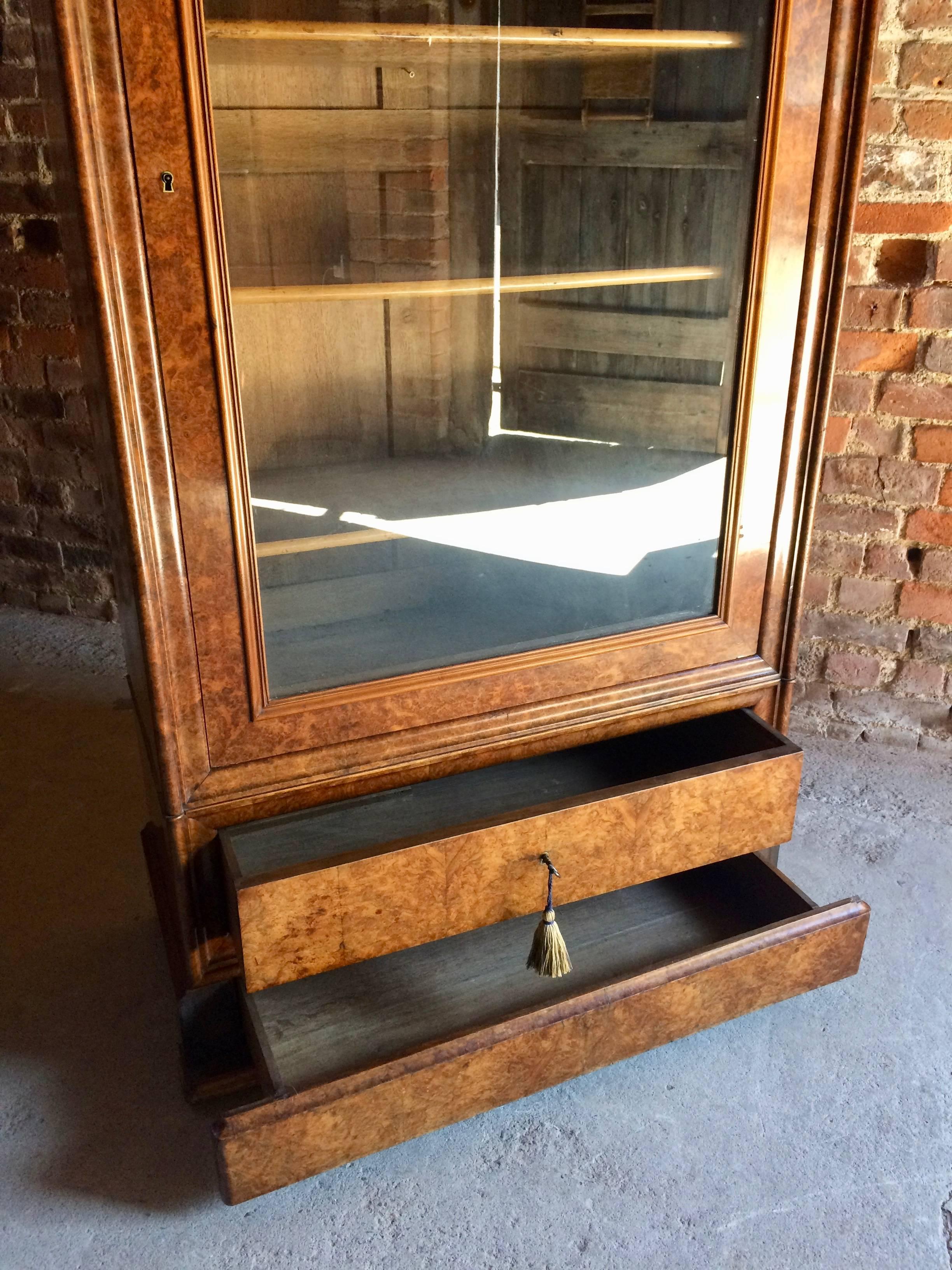 Stunning-French-Bookcase-Vitrine-Cabinet-Burr-Walnut Glazed 19th Century Antique 2