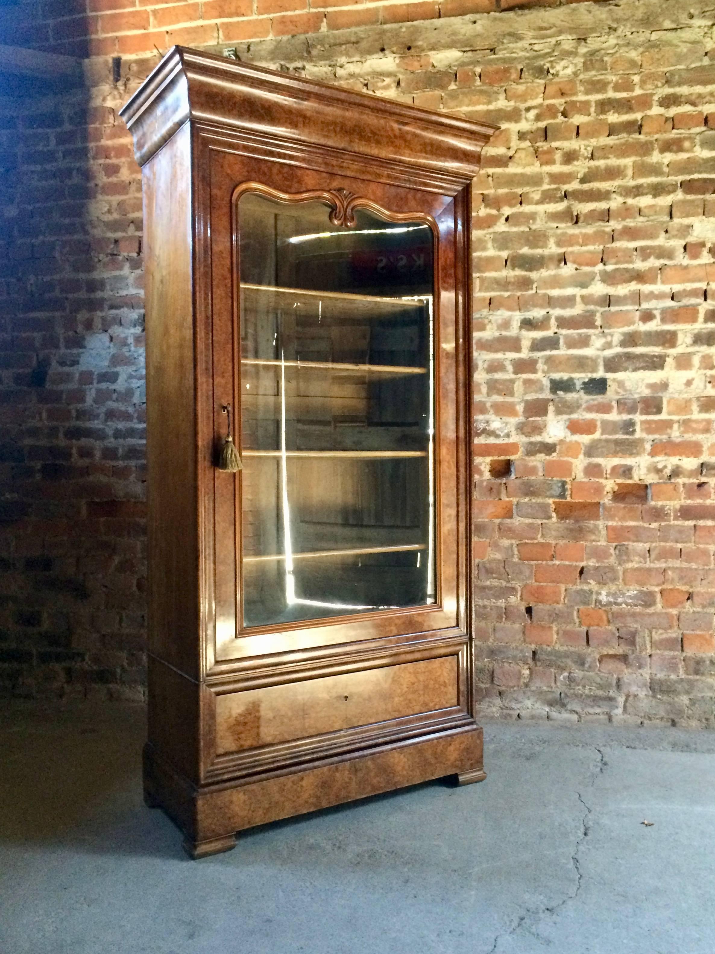 Stunning-French-Bookcase-Vitrine-Cabinet-Burr-Walnut Glazed 19th Century Antique 3