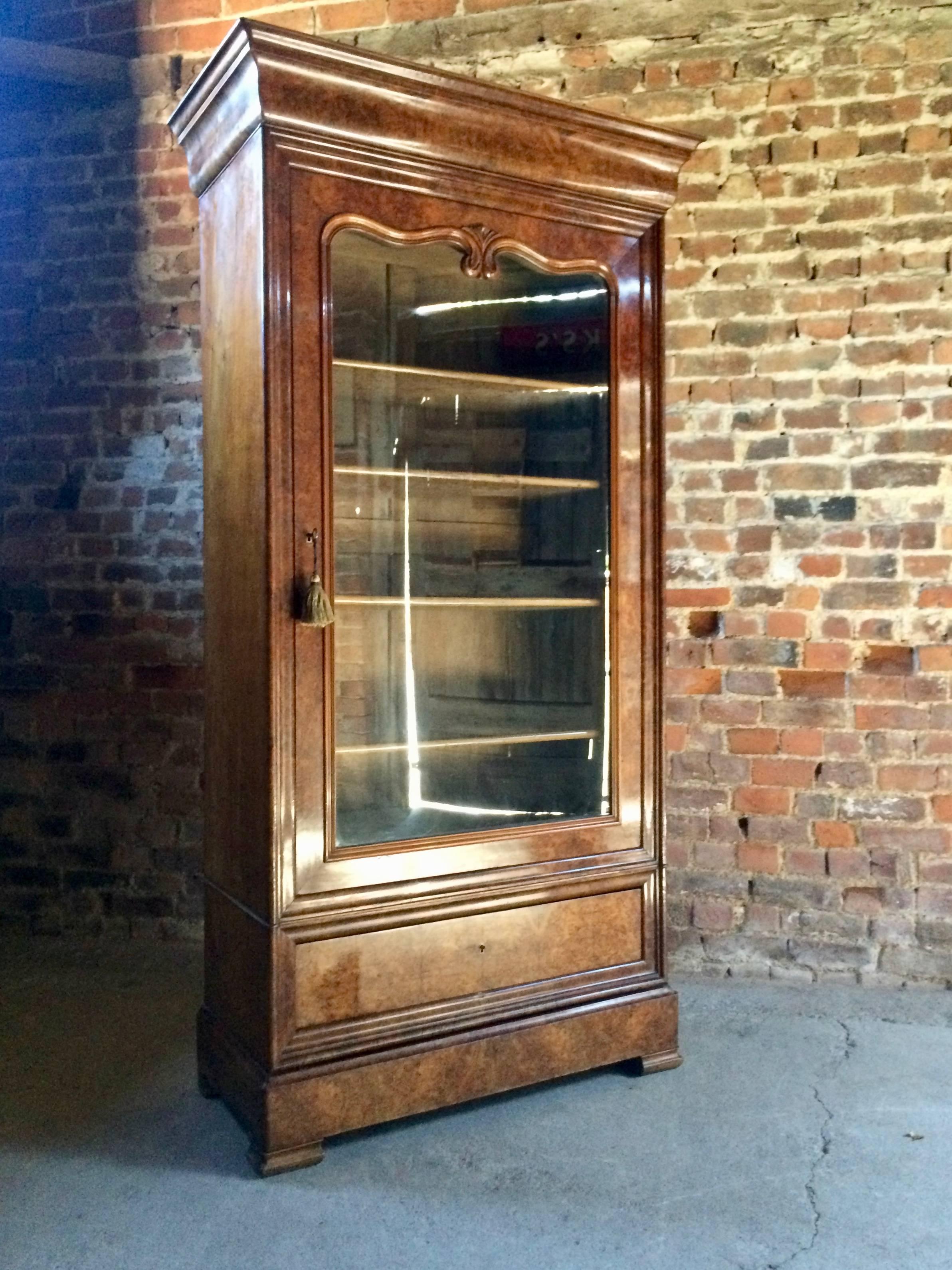 Stunning-French-Bookcase-Vitrine-Cabinet-Burr-Walnut Glazed 19th Century Antique 4