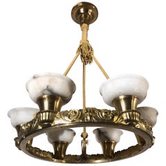 Stunning French Bronze and Alabaster Circular Light Fixture or Six-Light Pendant