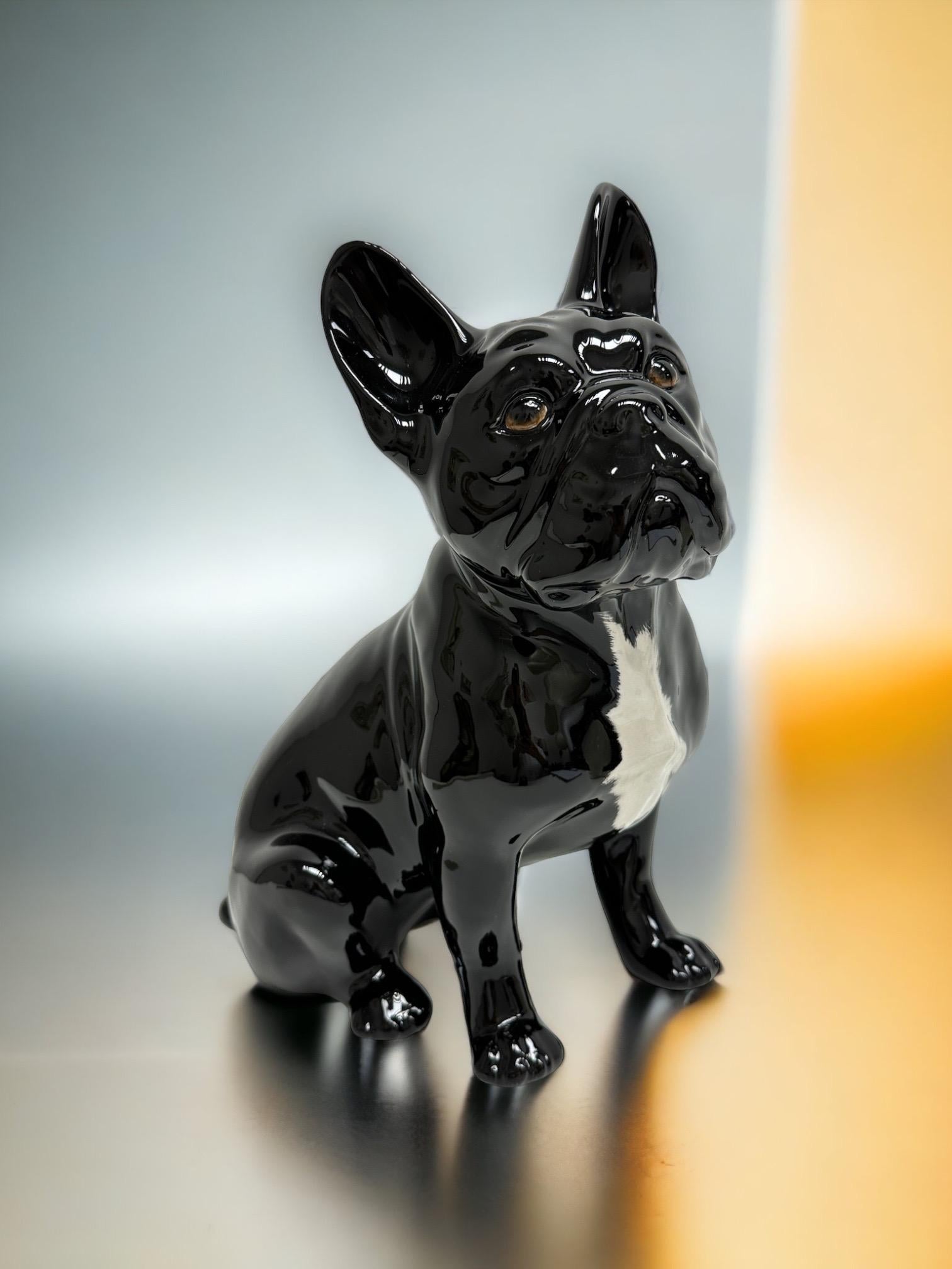 Glazed Stunning French Bulldog Pug Dogs Ceramic Statue Sculpture Vintage, Italy, 1980s For Sale
