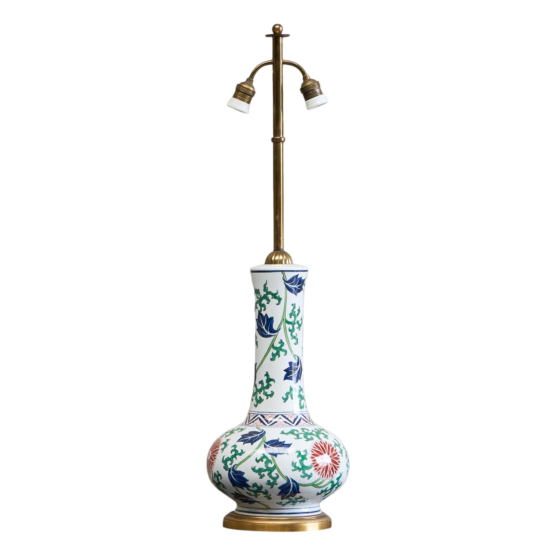 Stunning French Chinoiserie Table Lamp in Porcelain and Brass 1940s For Sale