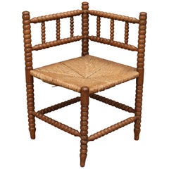 Stunning French Corner Chair in Turned Oak and Cane, France, 1930-1940