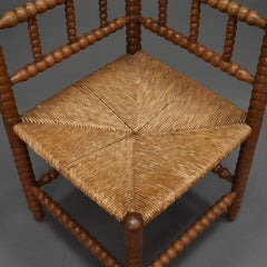 Stunning French Corner Chair in Turned Oak and Cane, France, 1930-1940
