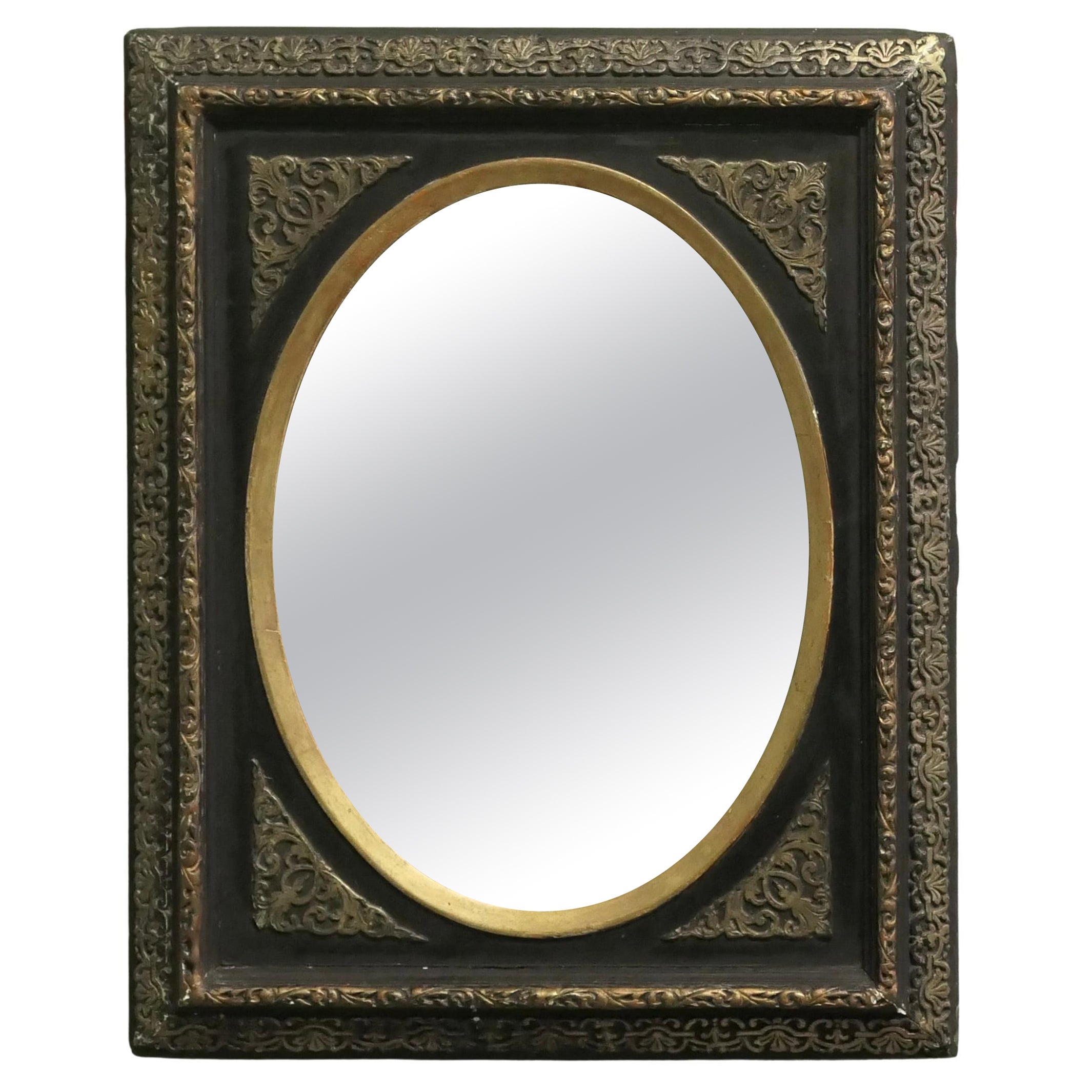 Splendido specchio da parete francese Impero in ottone dorato e lacca nera