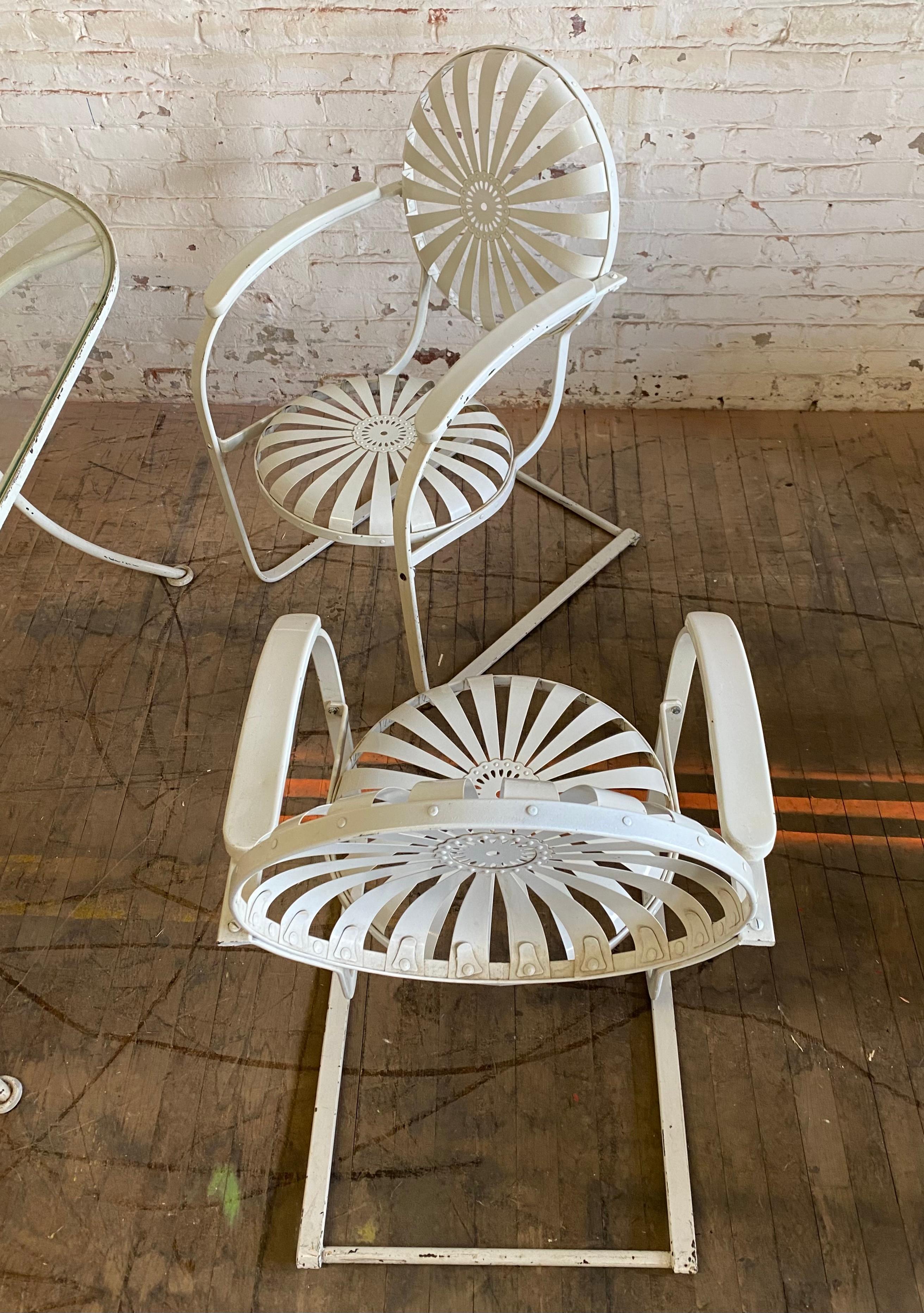 Art déco Superbe ensemble de jardin français en fer par Francois Carre, 4 fauteuils à ressort en acier  en vente