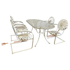 Stunning French Iron Garden Set by Francois Carre, 4 Spring Steel Arm Chairs 