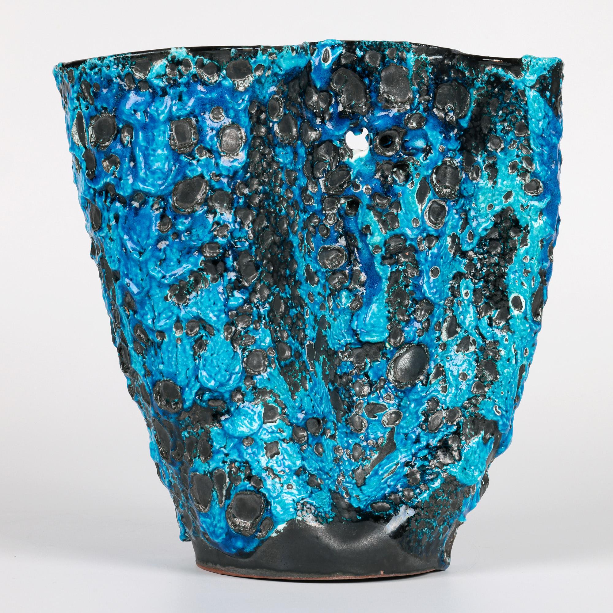 Stunning French Mid-Century Turquoise Lava Glazed Art Pottery Vase For Sale 9