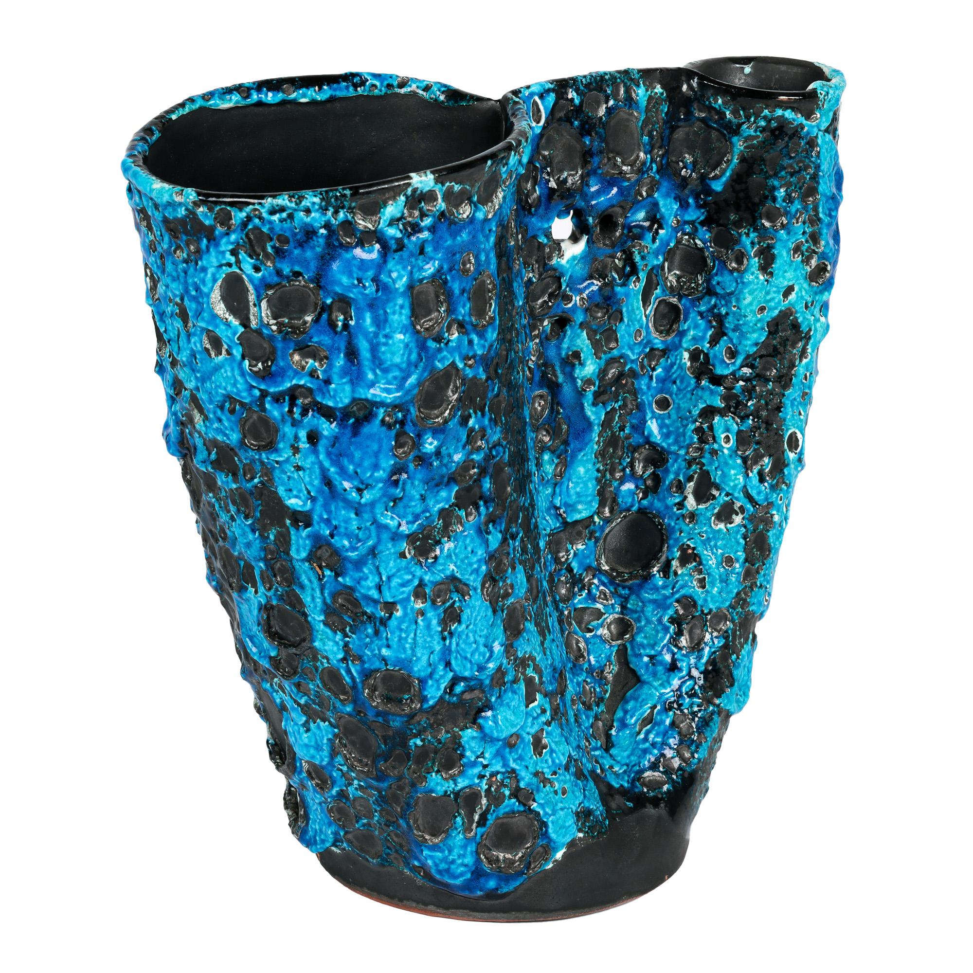 Stunning French Mid-Century Turquoise Lava Glazed Art Pottery Vase For Sale 2