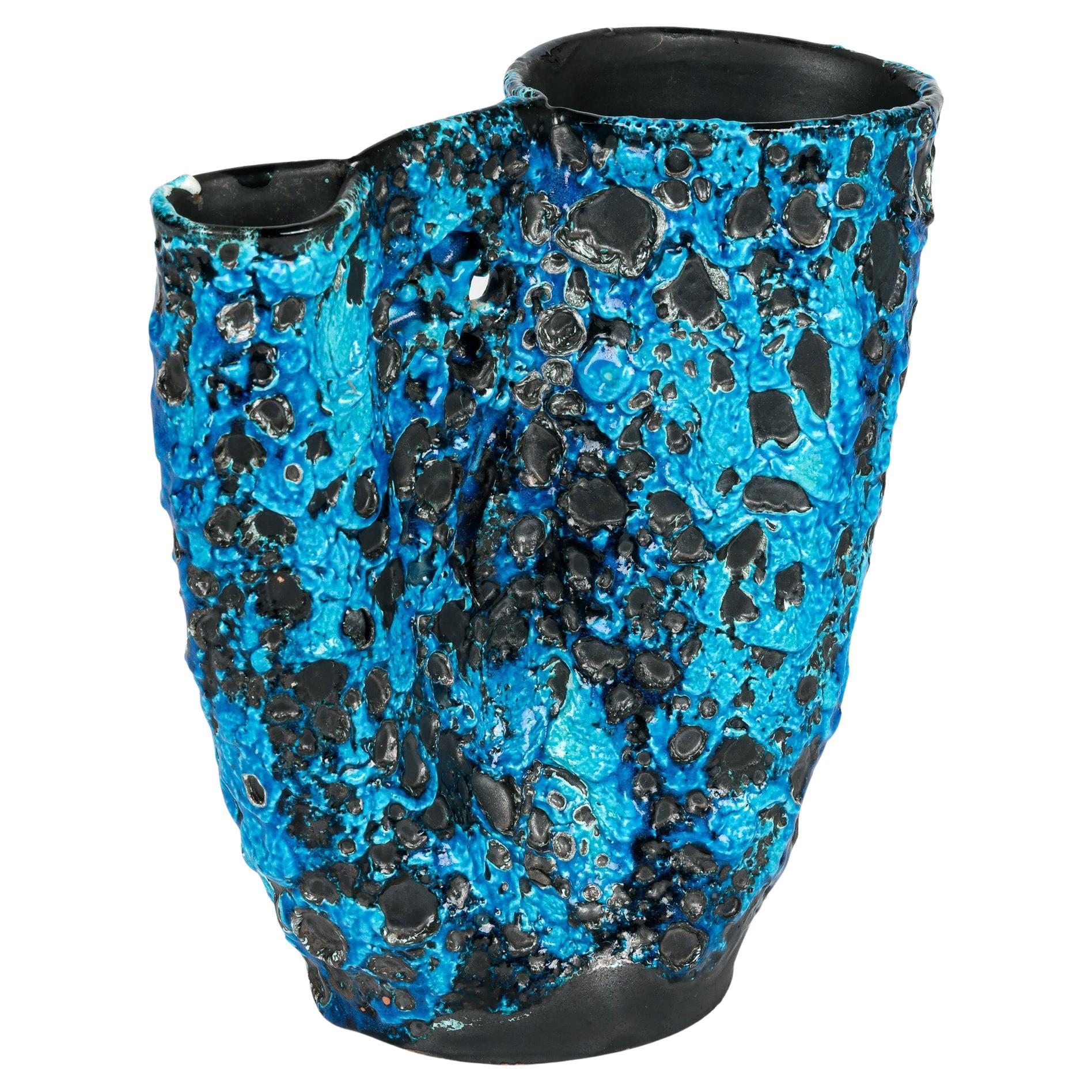 Stunning French Mid-Century Turquoise Lava Glazed Art Pottery Vase For Sale